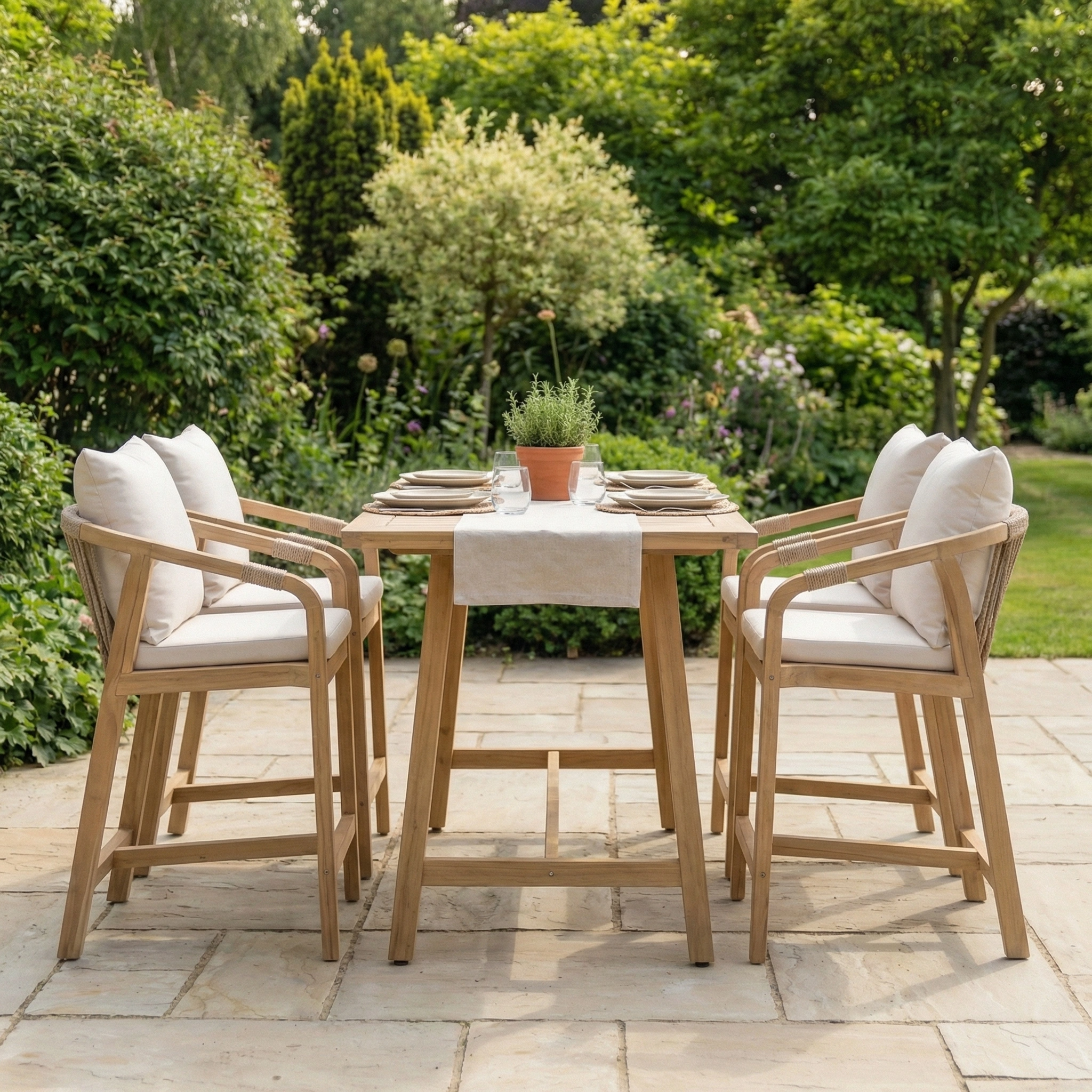 Quay 4 Seat Rectangular Bar Set in Linen with four cushioned chairs, ideal for relaxing outdoors and enhancing your garden retreat.
