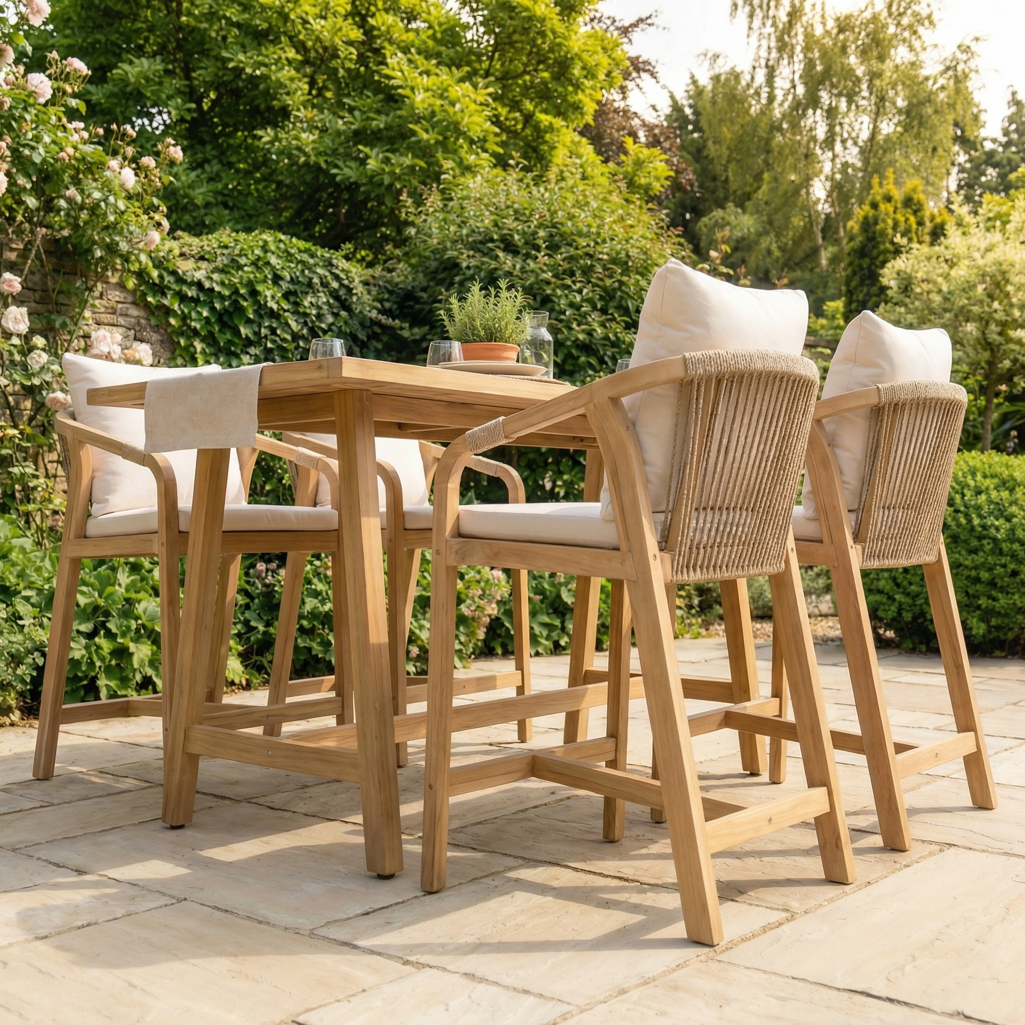 The Quay 4 Seat Rectangular Bar Set In Linen features a stylish table and four cushioned chairs, ideal for relaxing or entertaining outdoors amid lush garden surroundings.
