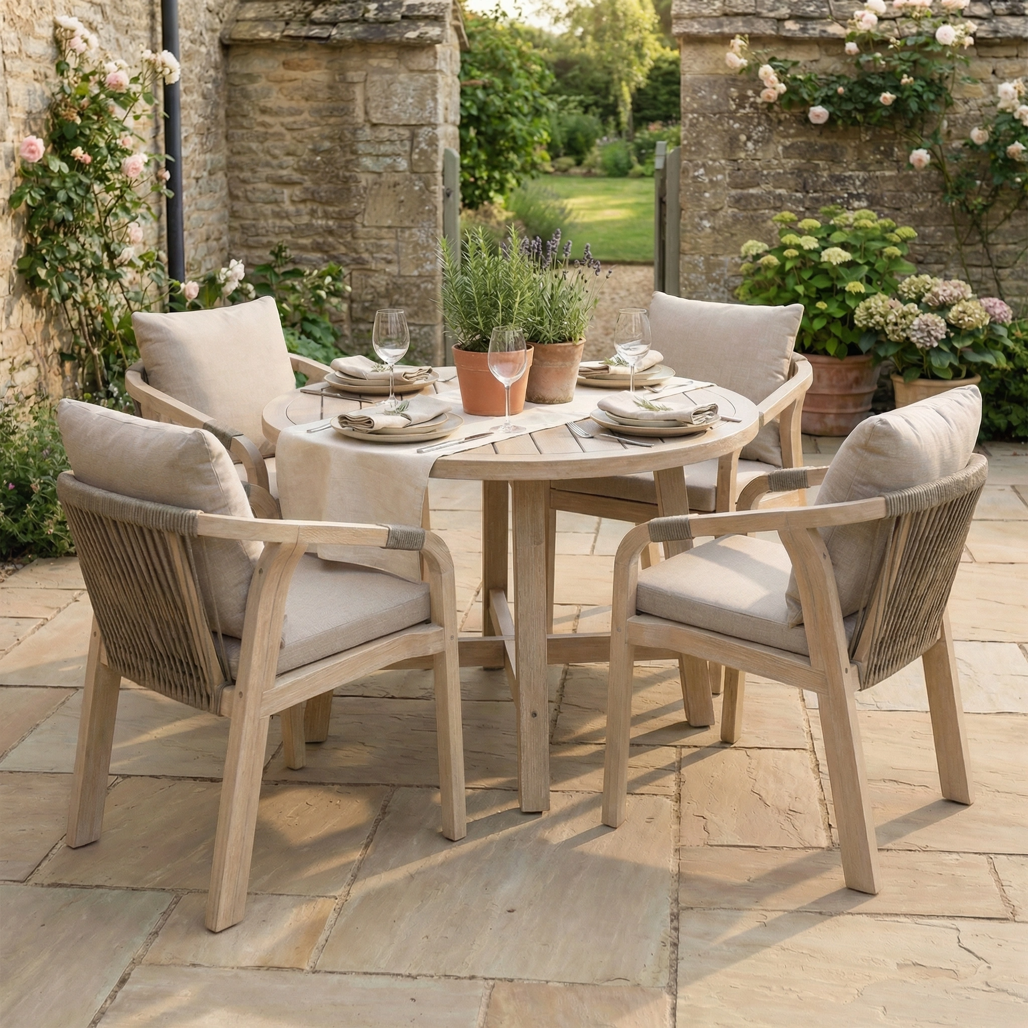 The Quay 4 Seat Round Dining Set in Mocha includes four cushioned chairs and a table, ideal for meals on your patio. This inviting outdoor set enhances any garden gathering.
