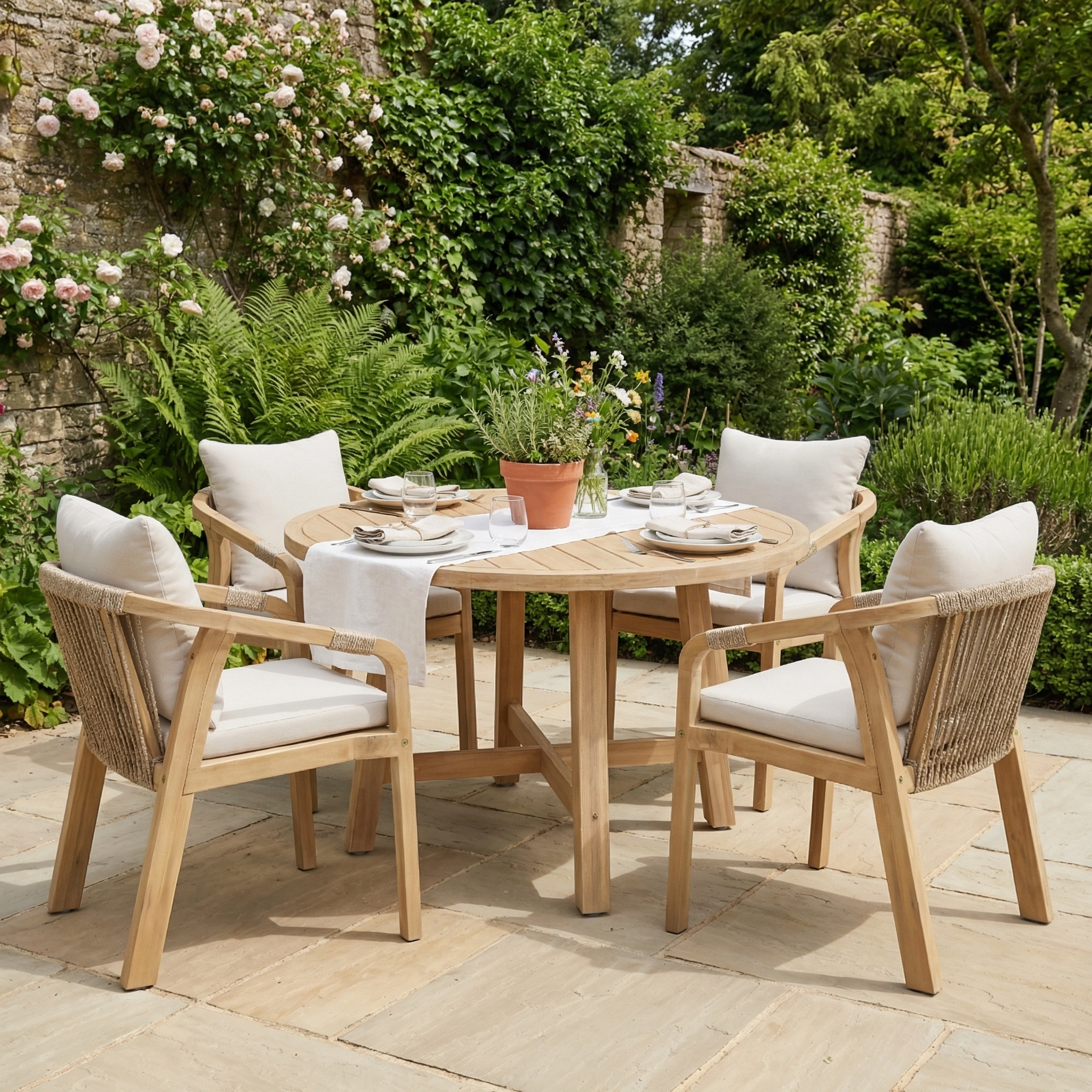 The Quay 4 Seat Round Dining Set in Linen, featuring rope backrest chairs, is arranged for dining amidst a lush garden with a stone wall and greenery.
