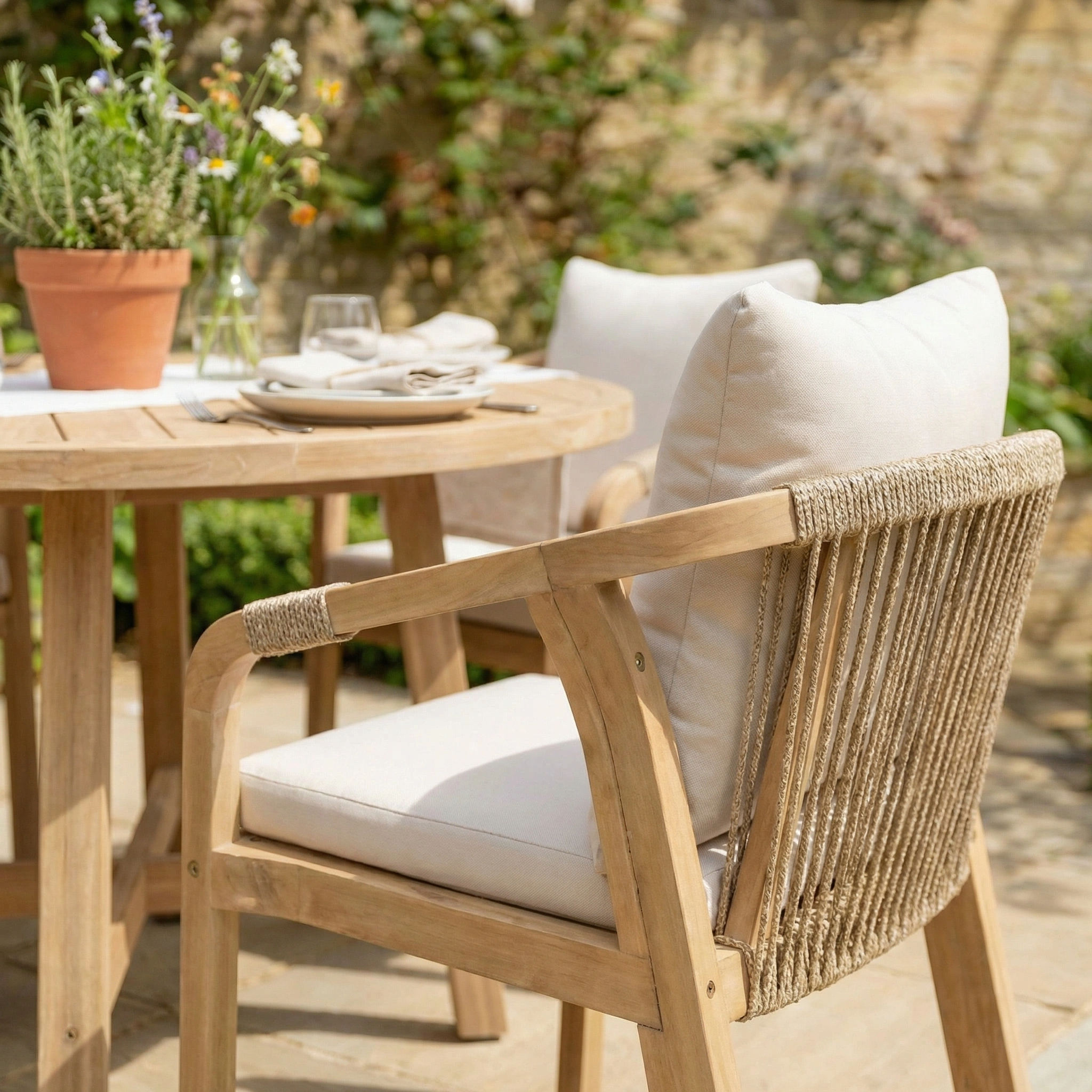 The Quay 4 Seat Round Dining Set in Linen features comfy cushions and rope back chairs, ideal for enjoying meals on a flower-filled patio.