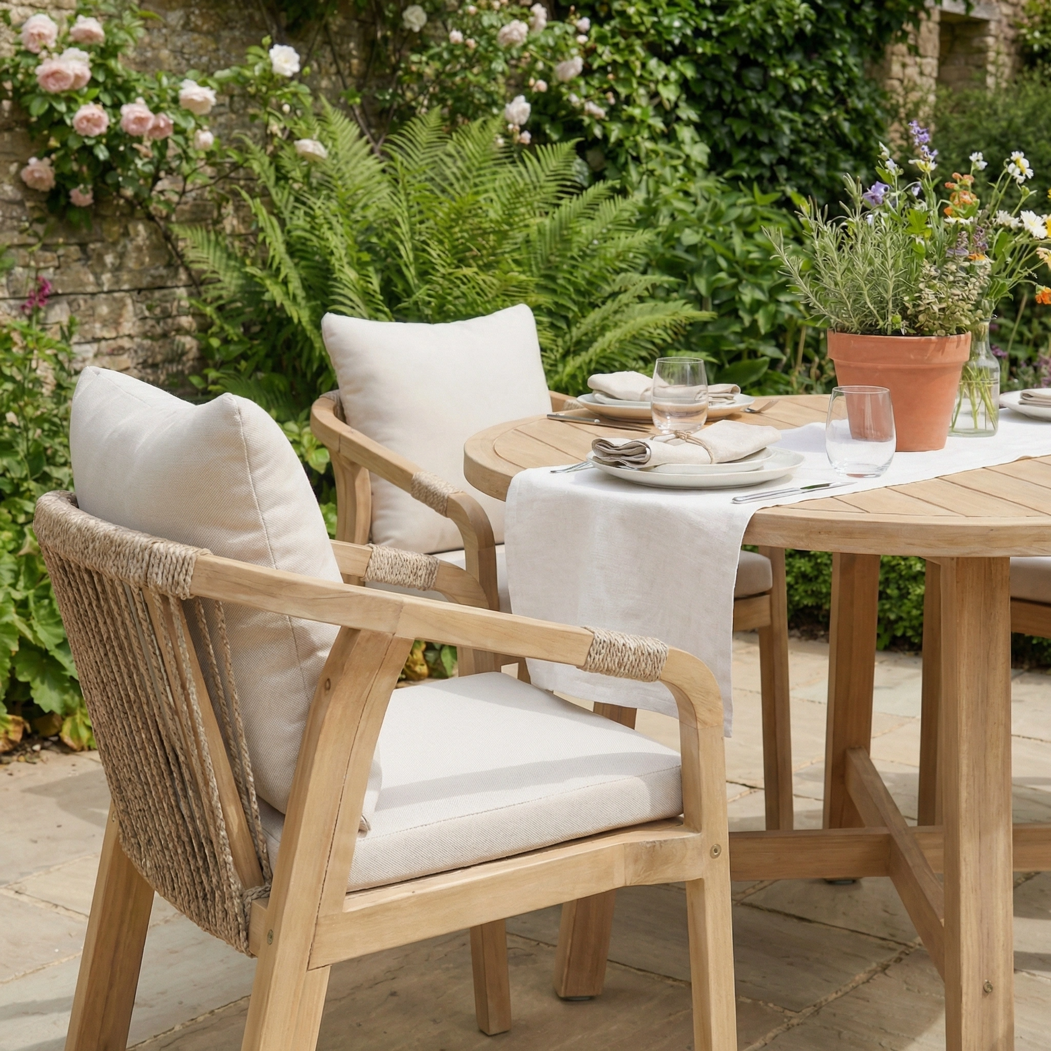 The Quay 4 Seat Round Dining Set in Linen features rope backrest chairs with cream cushions, set for a meal amidst lush garden plants and flowers.