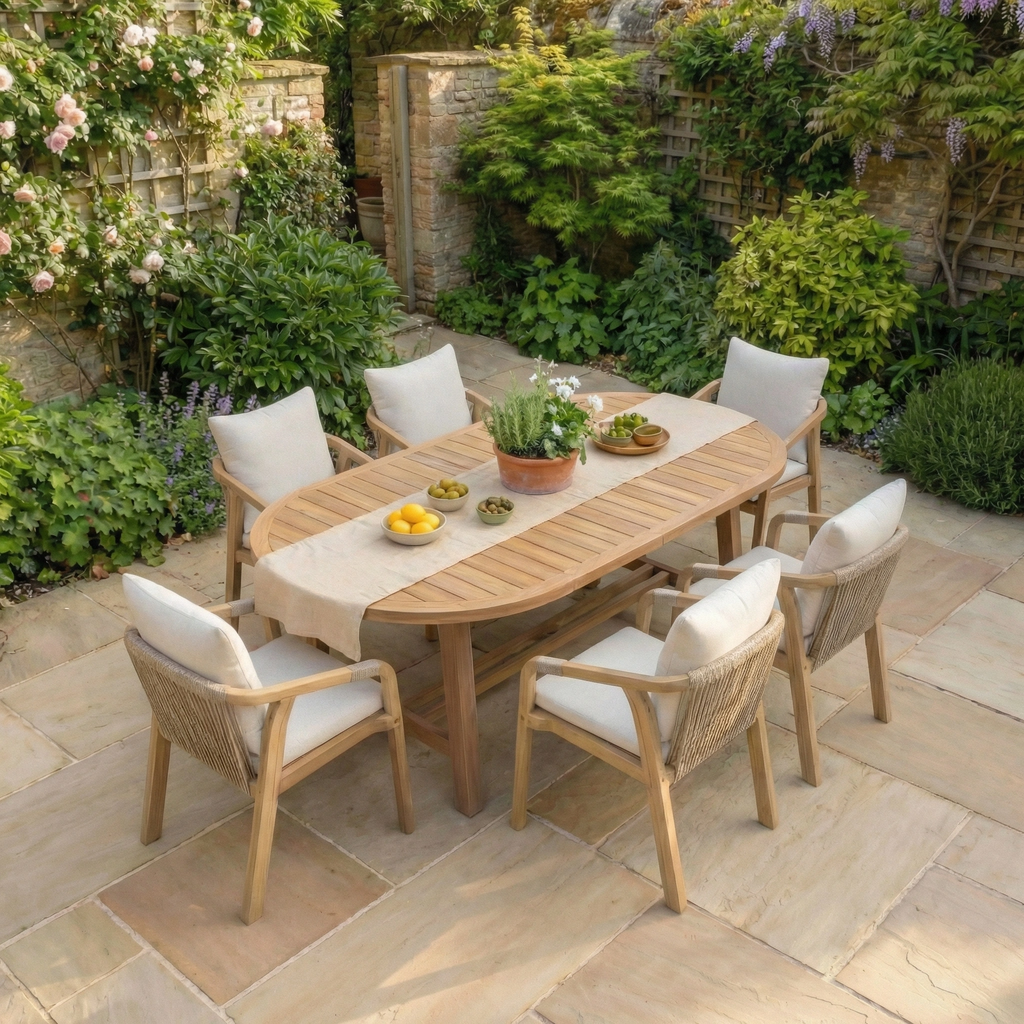 The Quay 6 Seat Oval Dining Set in Linen, with a wooden table and six chairs, is ideal for stylish outdoor gatherings, bringing contemporary acacia garden furniture elegance to your patio.