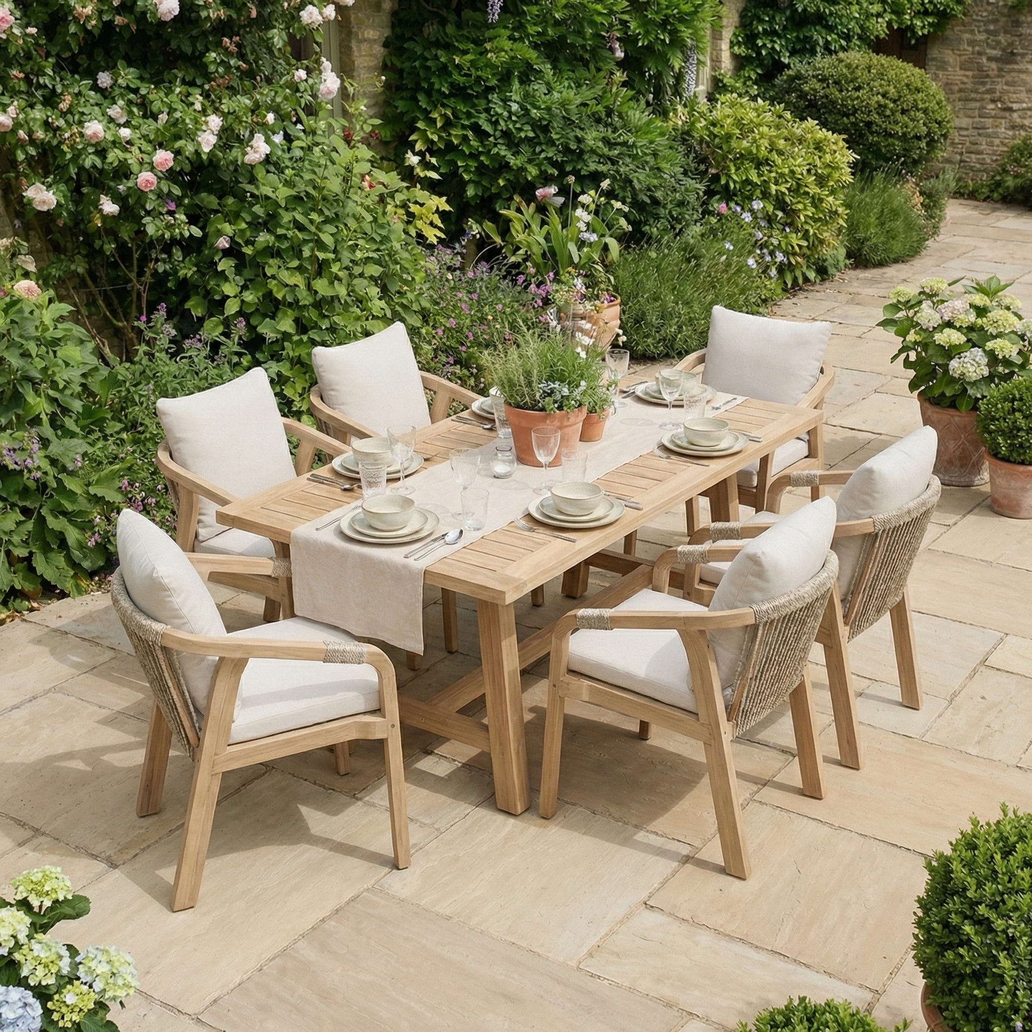 The Quay 6 Seat Rectangular Dining Set in Linen includes six cushioned acacia wood chairs, perfect for outdoor dining and beautifully complemented by lush garden surroundings.