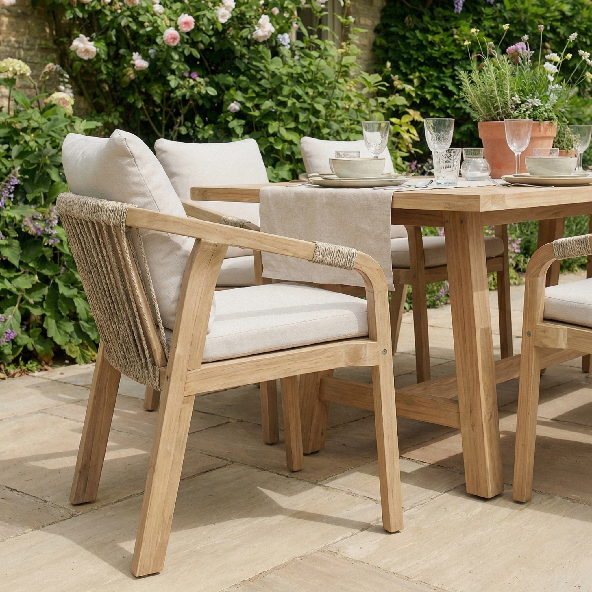 The Quay 6 Seat Rectangular Dining Set in Linen features acacia wood furniture and wooden chairs, perfect for outdoor dining among greenery and blooming flowers.