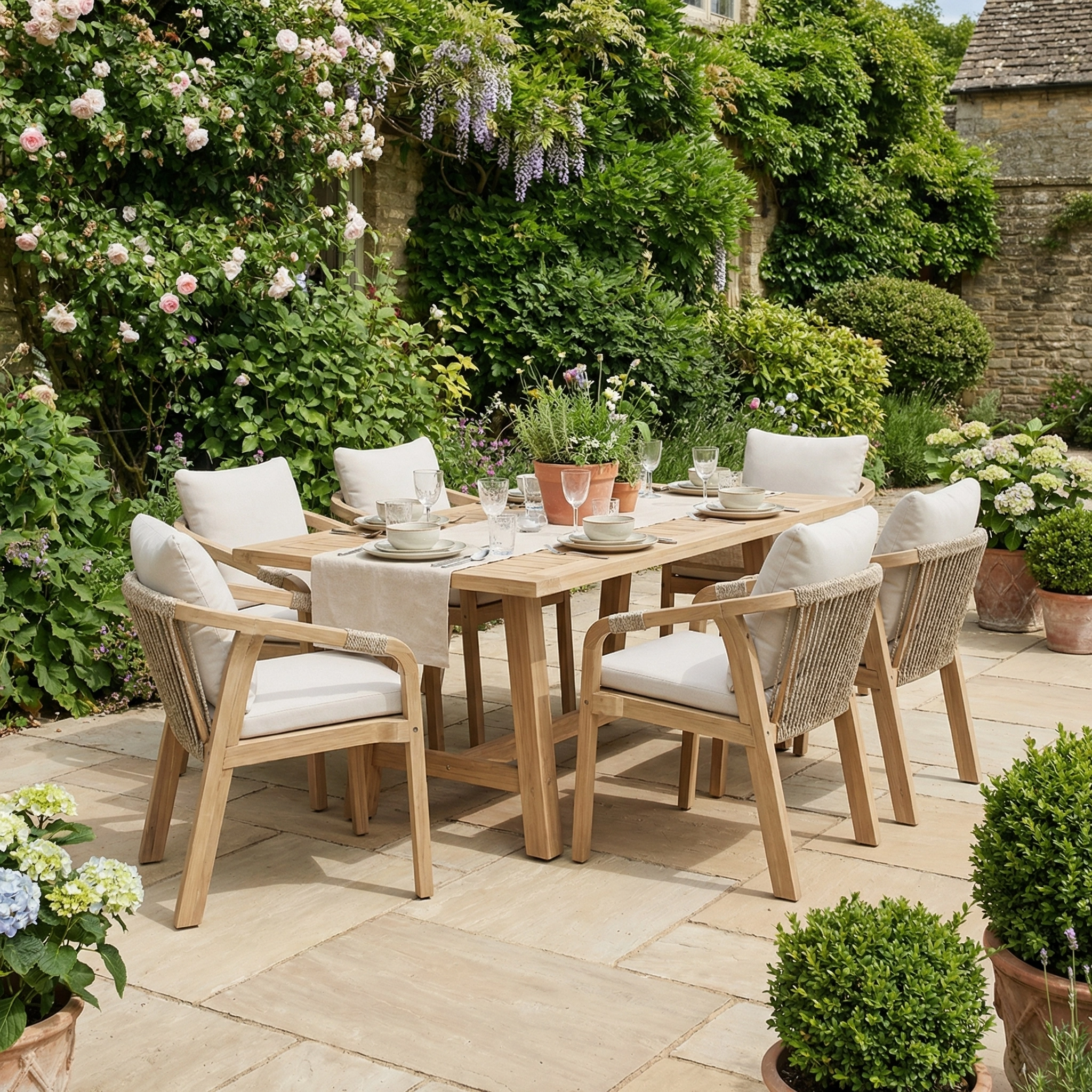 The Quay 6 Seat Rectangular Dining Set in Linen features six cushioned chairs, crafted from durable acacia wood—perfect for your patio and surrounded by garden greenery.