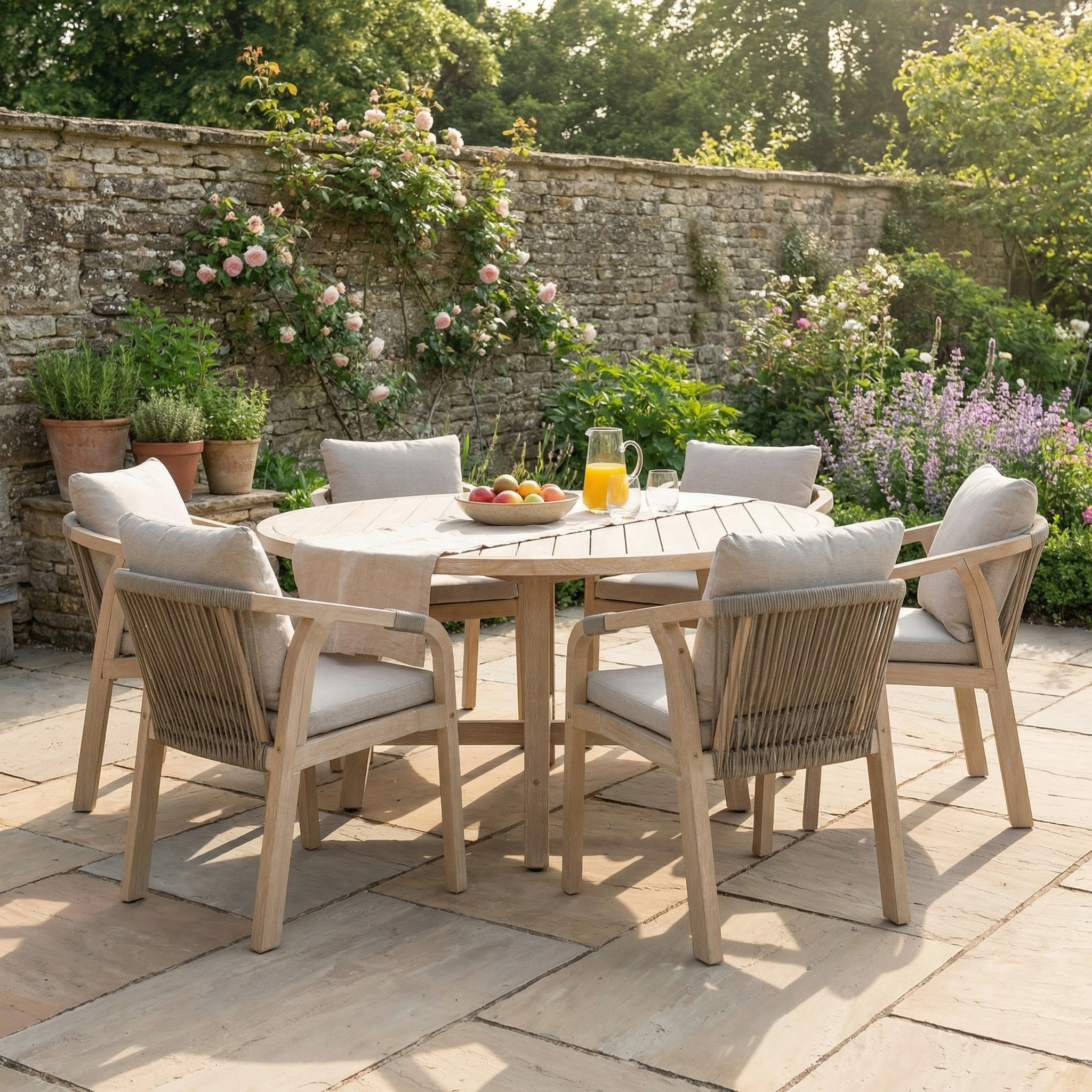 The Quay 6 Seat Round Dining Set in Mocha, with comfortable chairs and cushions, is a perfect choice for relaxing outdoor dining in a sunny garden.