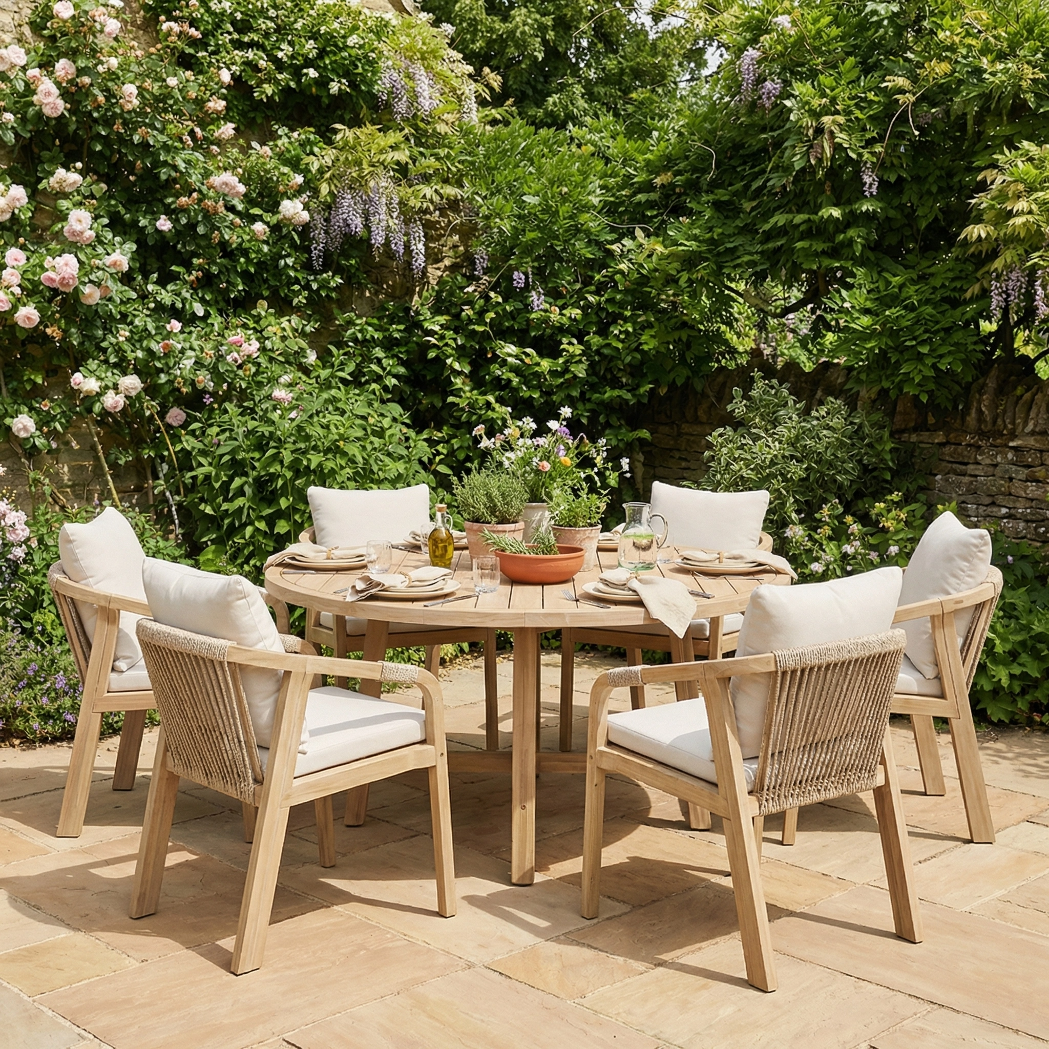 The Quay 6 Seat Round Dining Set in Linen features an acacia wood round table with six cushioned chairs, ideal for outdoor gatherings on a stone patio amid lush greenery and flowers.