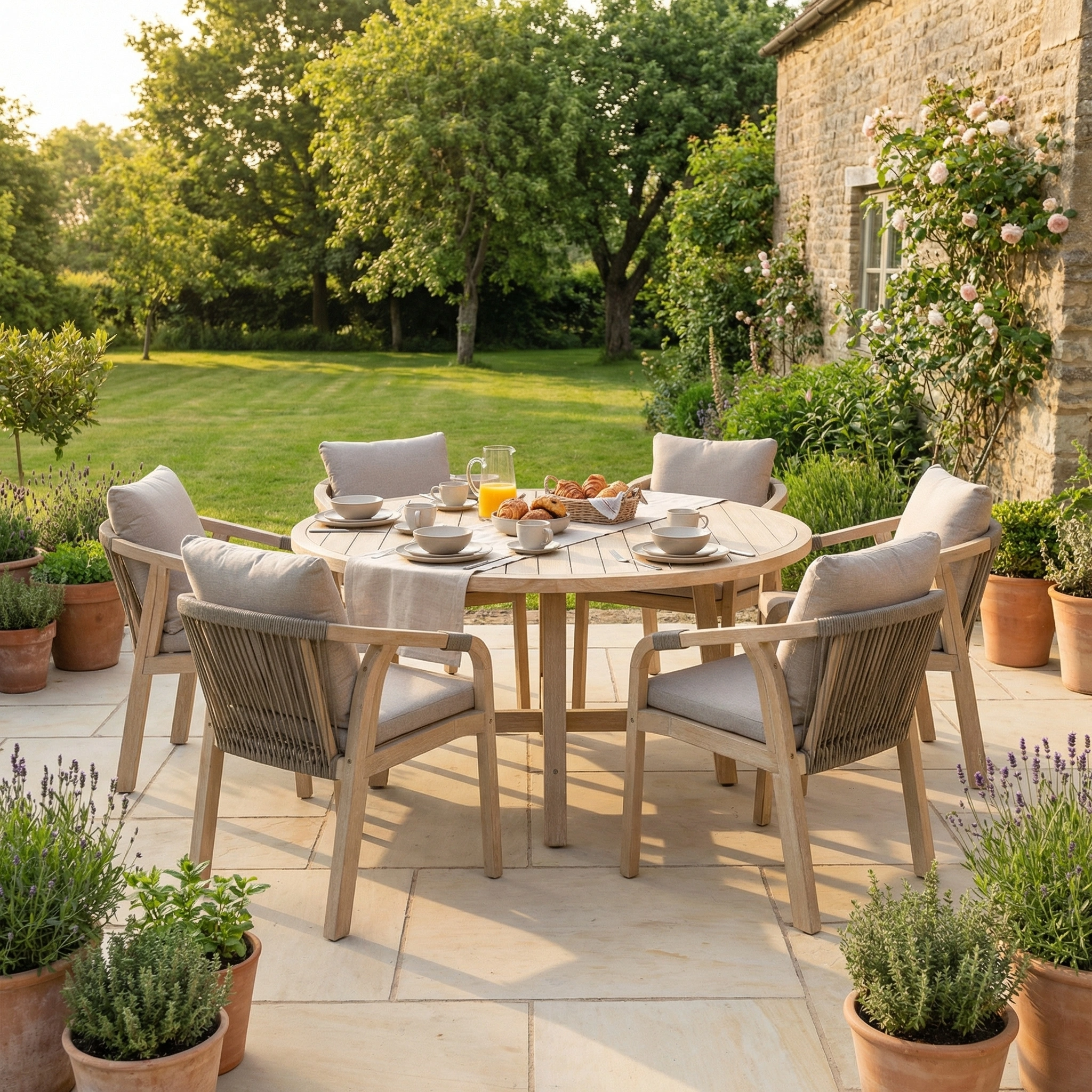 The Quay 6 Seat Round Dining Set in Mocha, with its round table and six cushioned chairs, creates an ideal spot for breakfast on a sunny garden terrace.
