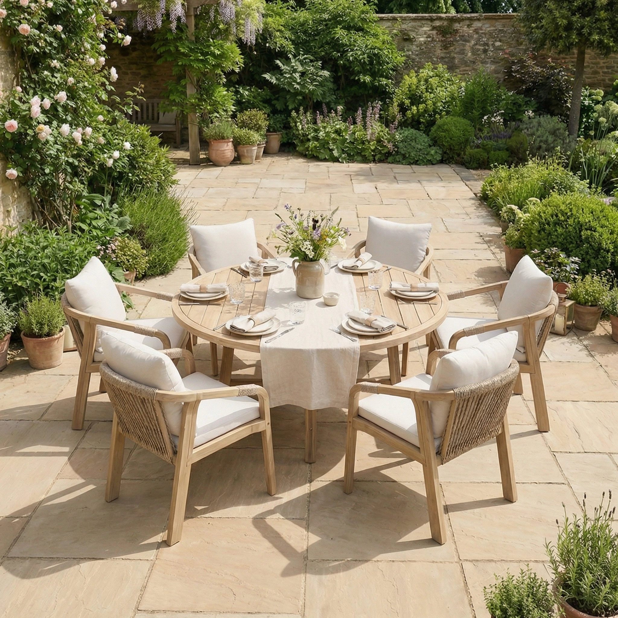 The Quay 6 Seat Round Dining Set in Linen creates an inviting, stylish spot for outdoor gatherings, with six chairs arranged for a meal on a sunny, lush garden patio.