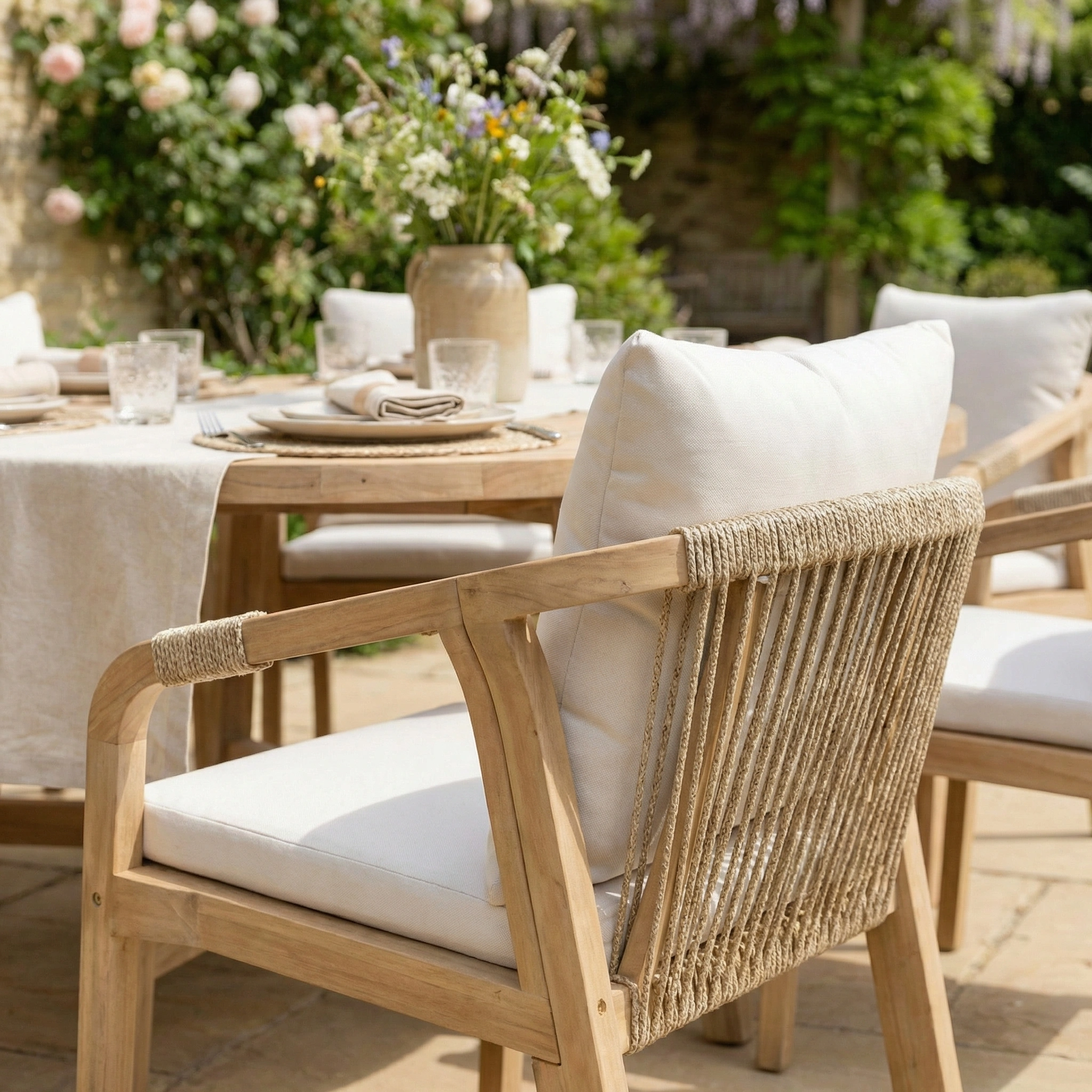 The Quay 6 Seat Round Dining Set in Linen features acacia wood, wooden chairs with white cushions, and a neutral décor perfect for outdoor dining.