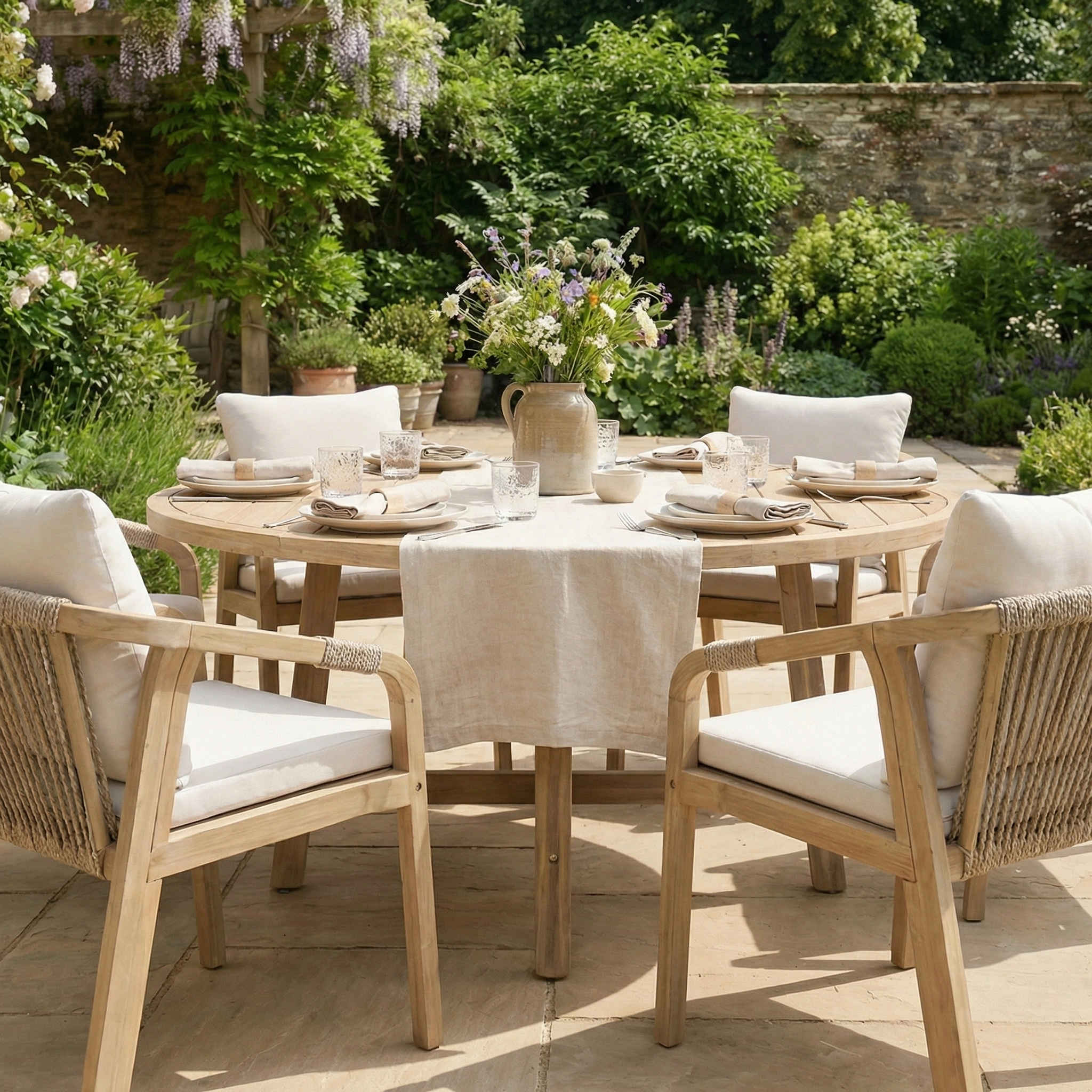 The Quay 6 Seat Round Dining Set in Linen includes a round acacia wood table and six cushioned chairs, ideal for stylish outdoor gatherings and dining in your garden.