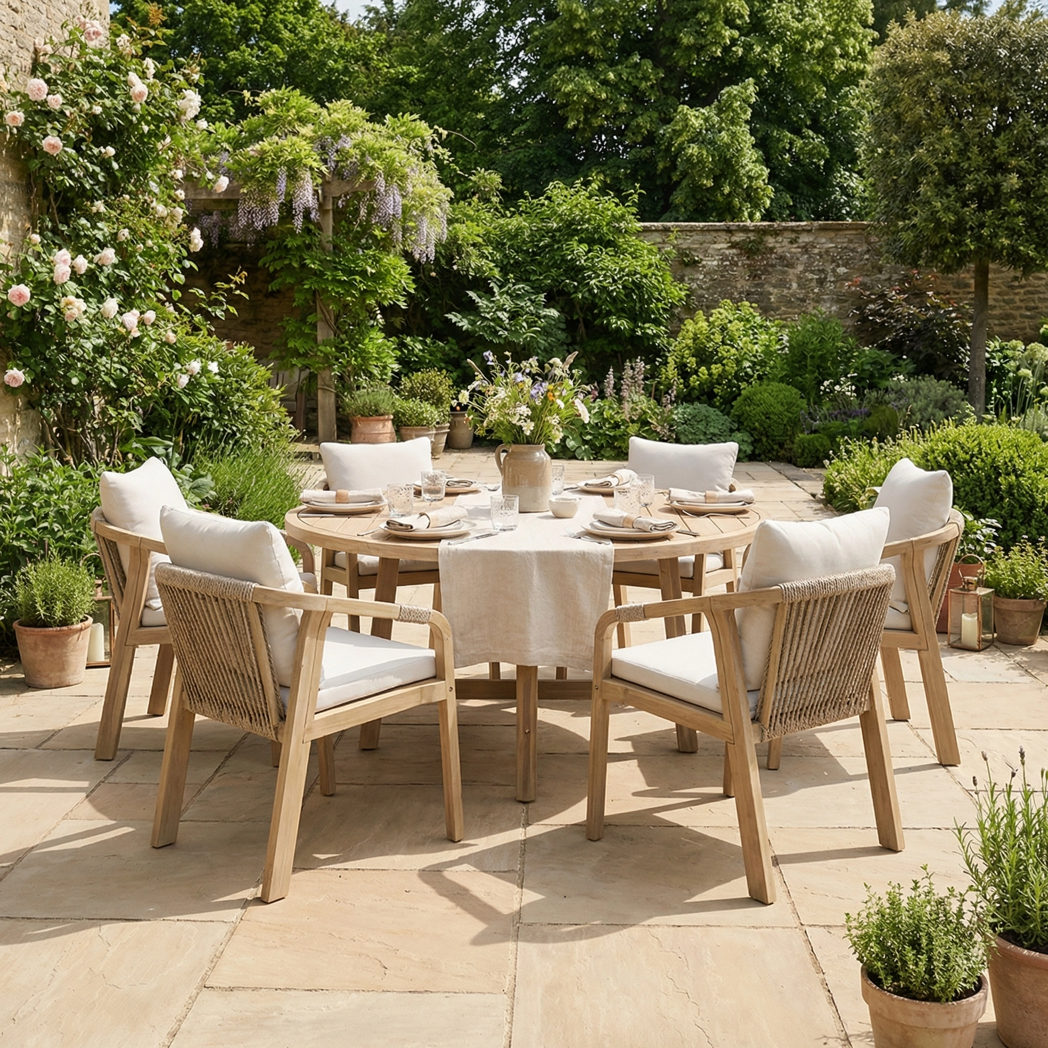 The Quay 6 Seat Round Dining Set in Linen with cushioned chairs sits on a stone patio amid lush greenery—an ideal outdoor furniture choice for relaxing and entertaining.