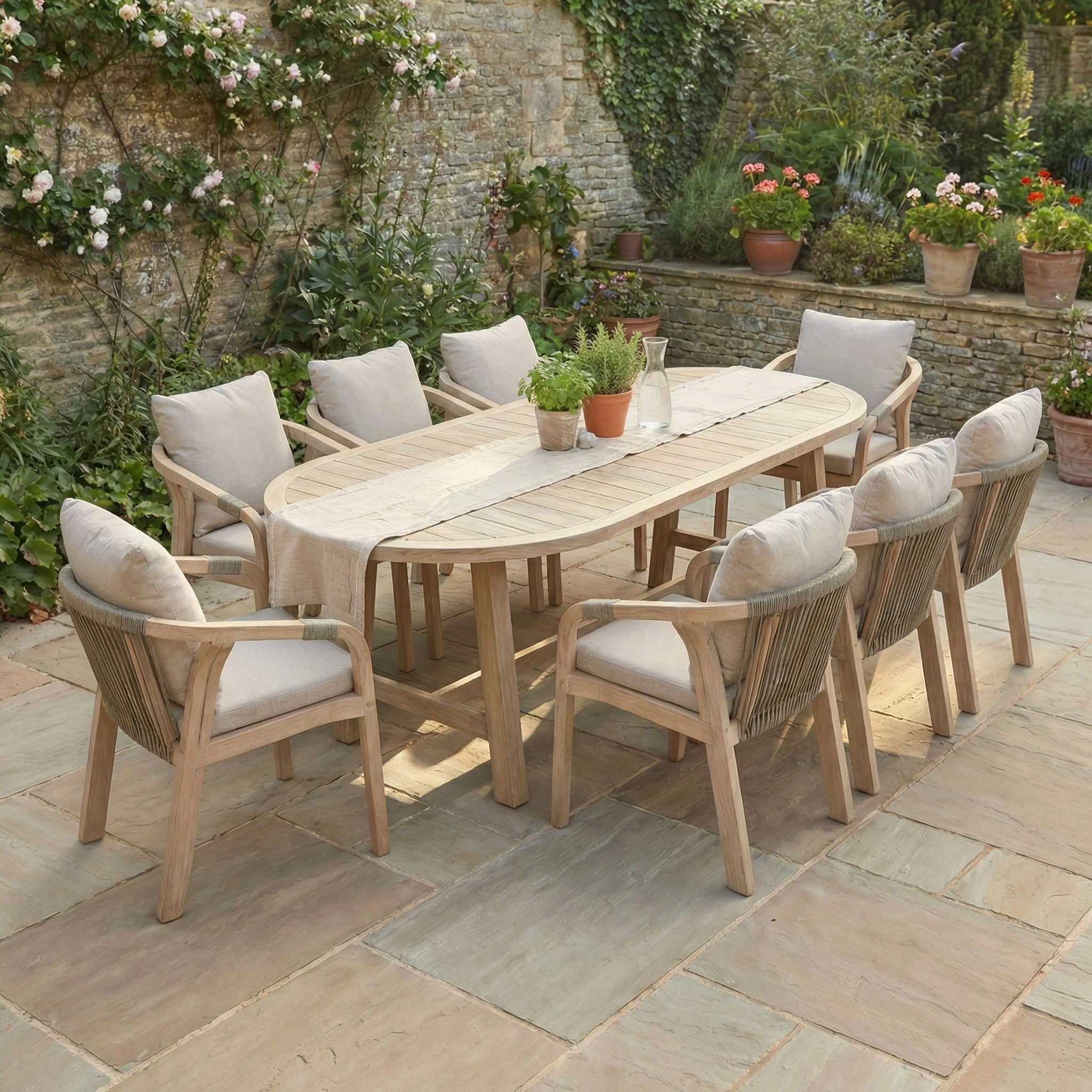 The Quay 8 Seat Oval Dining Set in Mocha, featuring neutral cushions, is arranged on a stone patio and surrounded by lush greenery and flowers.