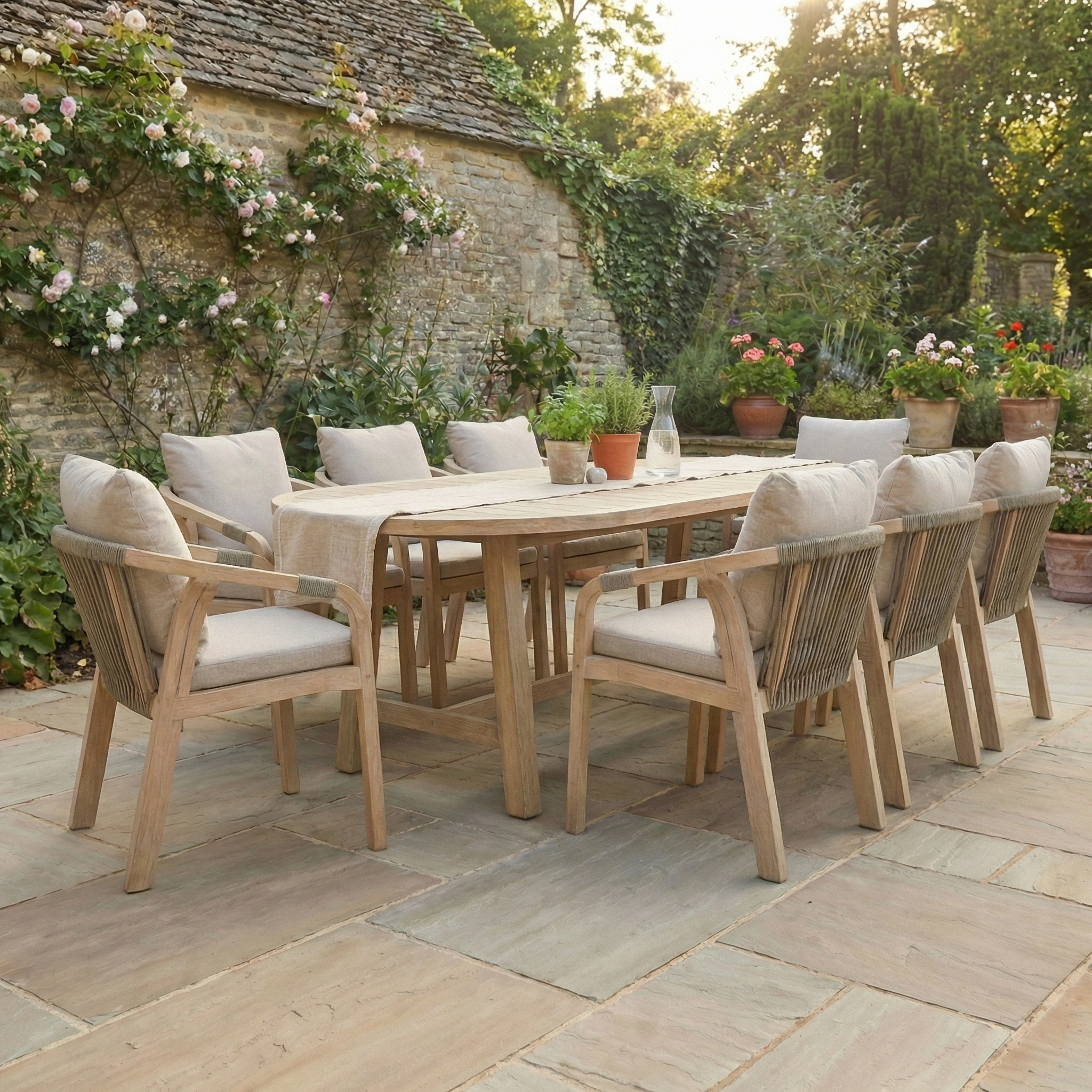The Quay 8 Seat Oval Dining Set in Mocha features a wooden outdoor table and eight cushioned chairs, crafted from eucalyptus wood—ideal for your garden patio surrounded by flowers and greenery.