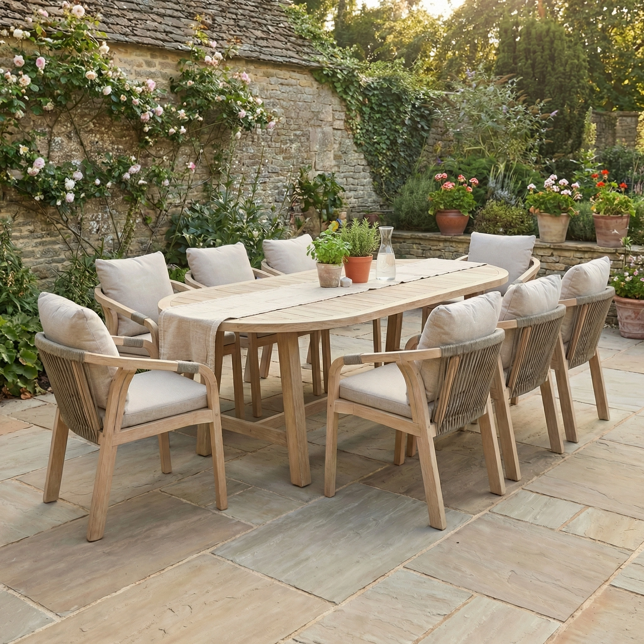The Quay 8 Seat Oval Dining Set in Mocha, with upholstered chairs, sits on a stone patio amid flowering plants, offering a cozy and elegant spot for gatherings with its eucalyptus wood garden furniture.