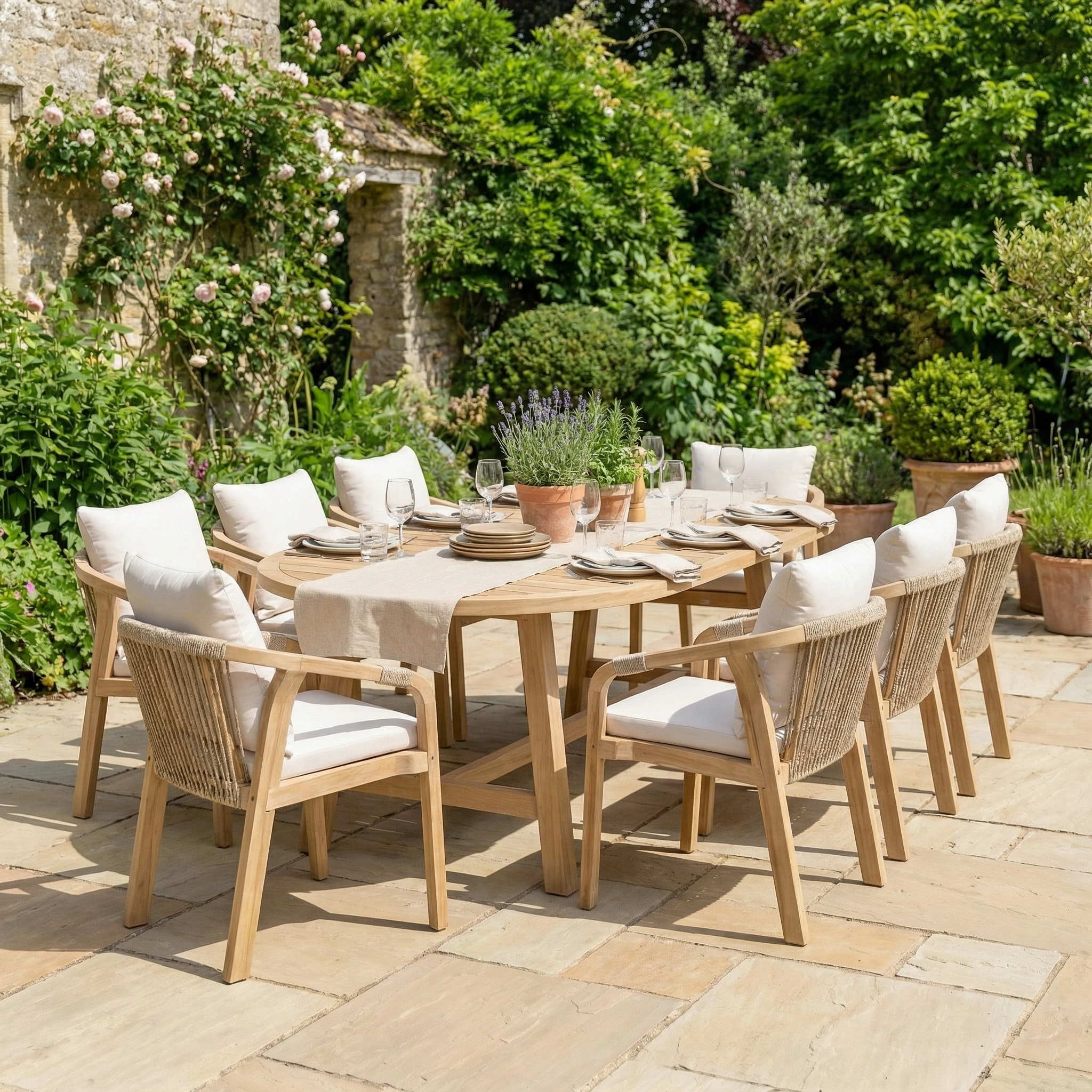 The Quay 8 Seat Oval Dining Set in Linen features elegant wooden outdoor dining surrounded by lush garden greenery and stone paving.