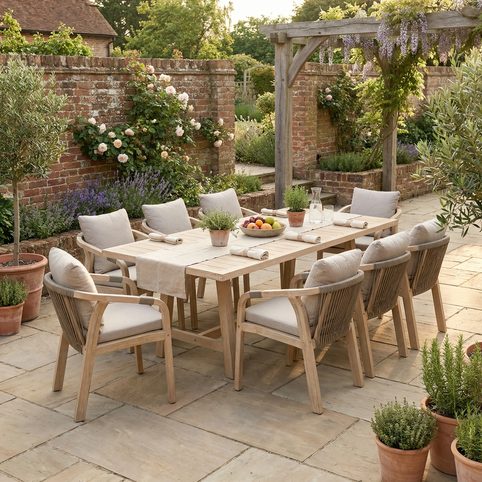 The Quay 8 Seat Rectangular Dining Set in Mocha, complete with cushions, is showcased among lush plants on a sunny, flower-filled garden patio.