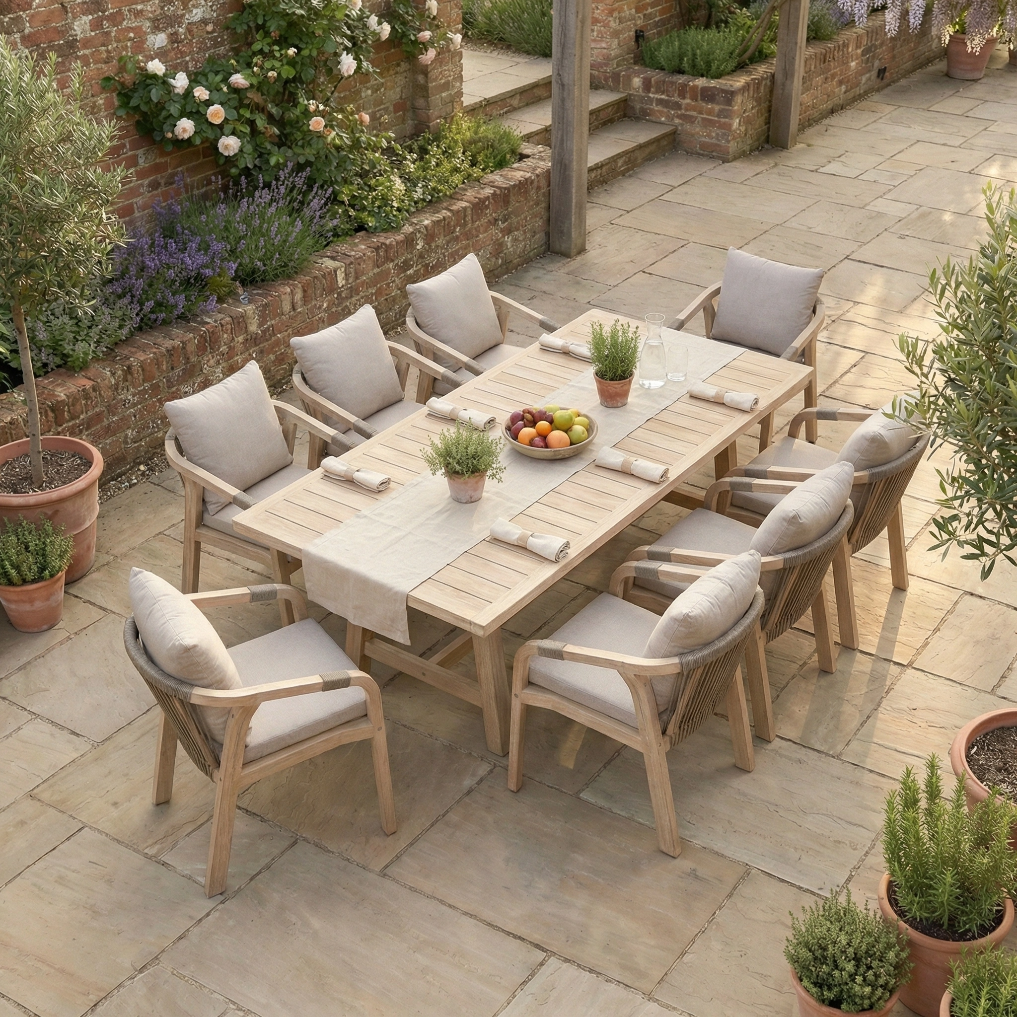 The Quay 8 Seat Rectangular Dining Set in Mocha, featuring light cushions, sits on a stone patio surrounded by lush plants.