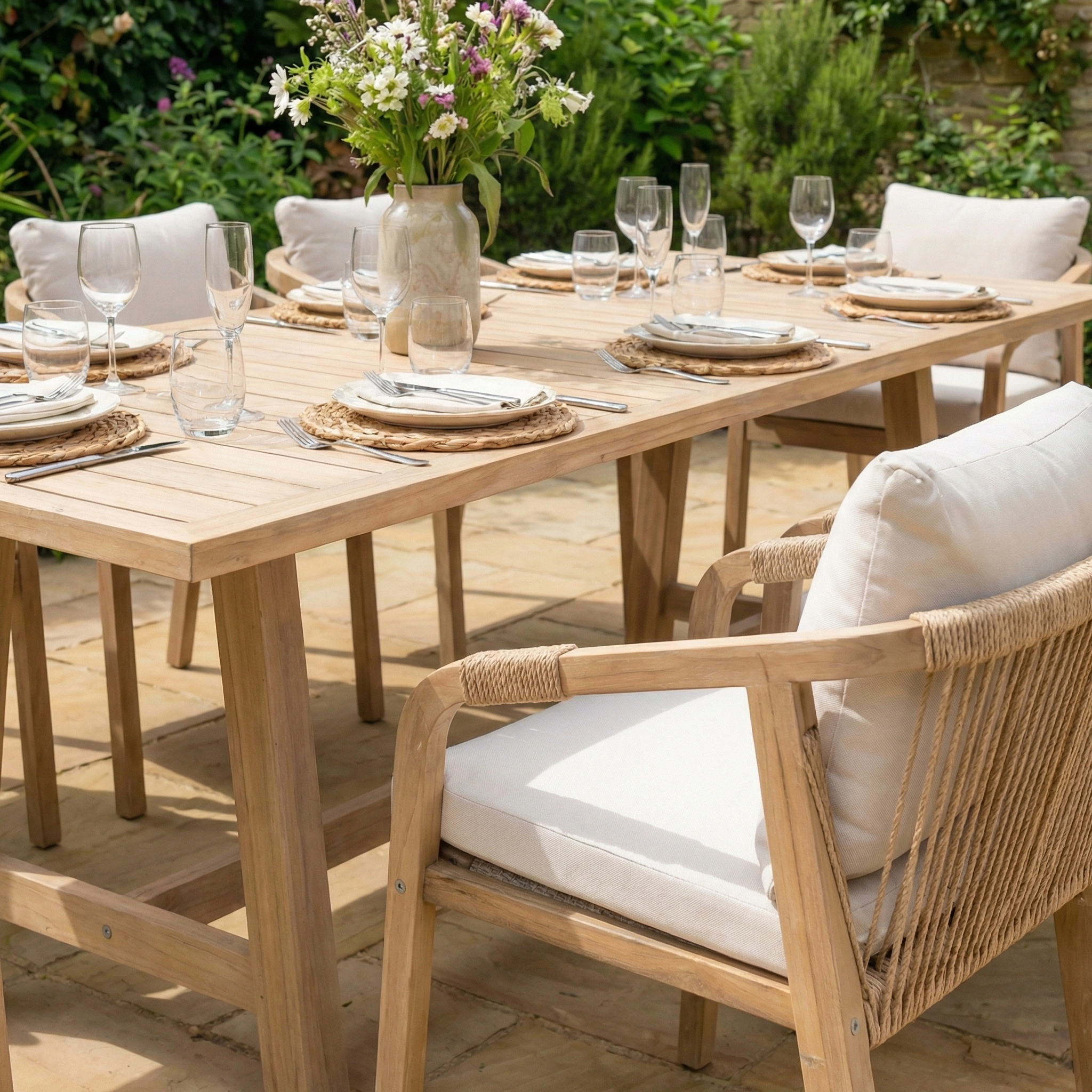The Quay 8 Seat Rectangular Dining Set in Linen features acacia wood and includes cushioned chairs, perfect for outdoor dining with plates, glasses, and a flower vase.