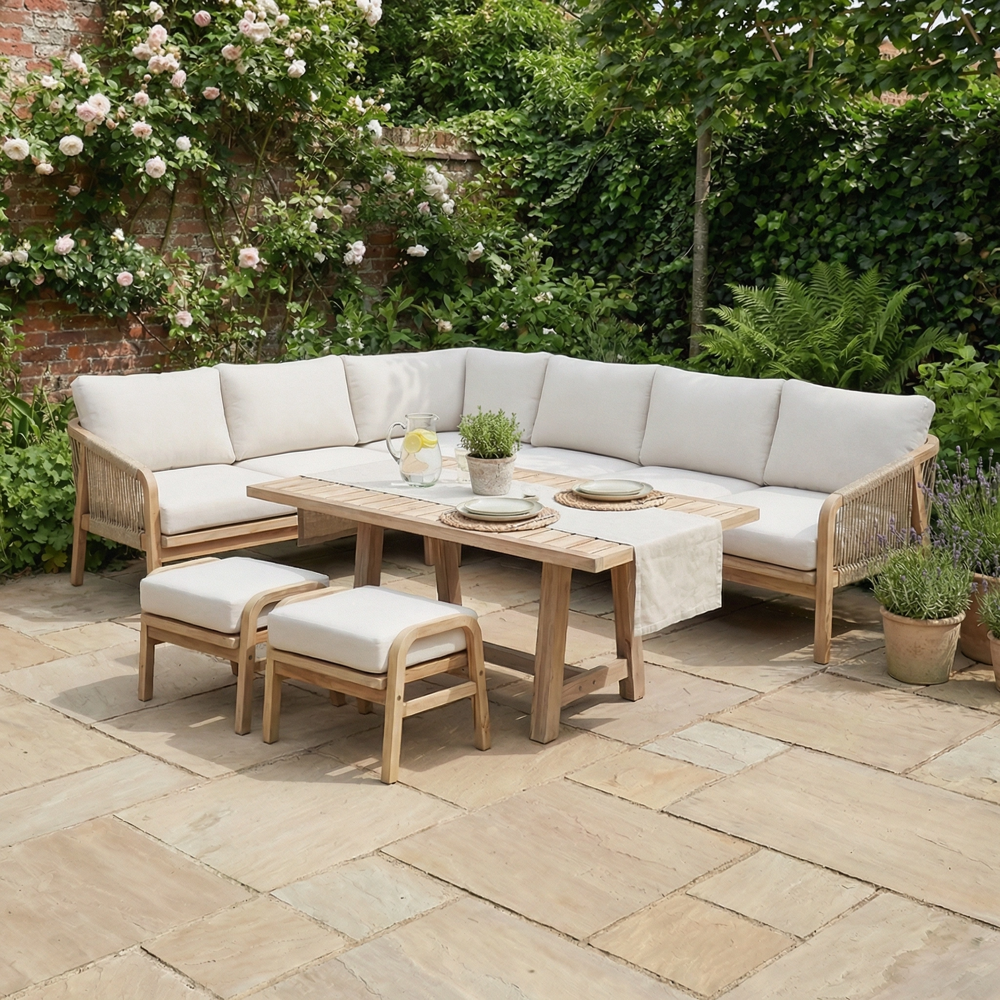 The Quay Corner Dining Set in Linen features acacia wood, cream cushions, and a table, elegantly arranged on a stone patio surrounded by lush greenery and flowers.
