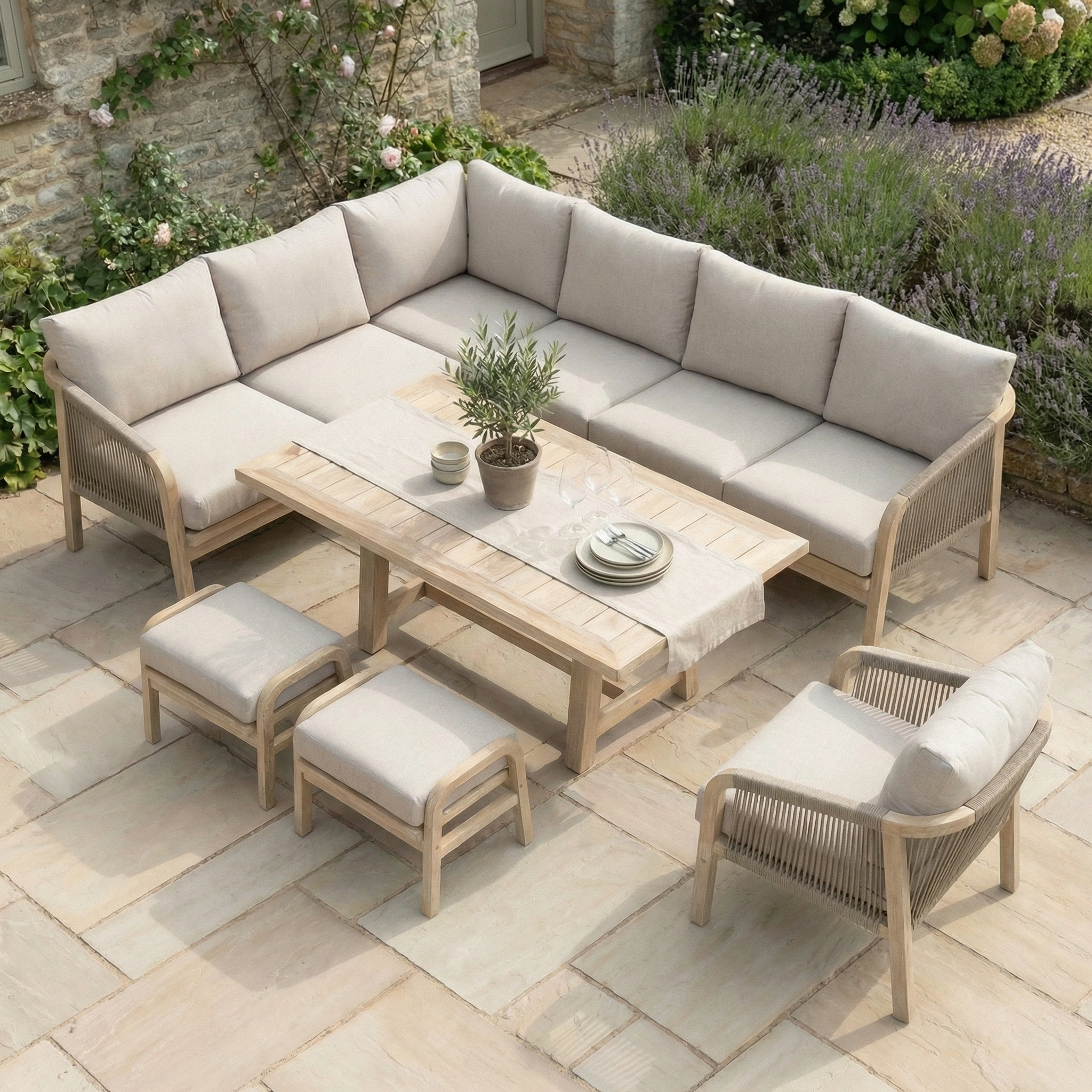 The Quay Corner Dining Set with Armchair in Mocha features water-resistant cushions and a eucalyptus wood table, adding stylish comfort to your outdoor space.
