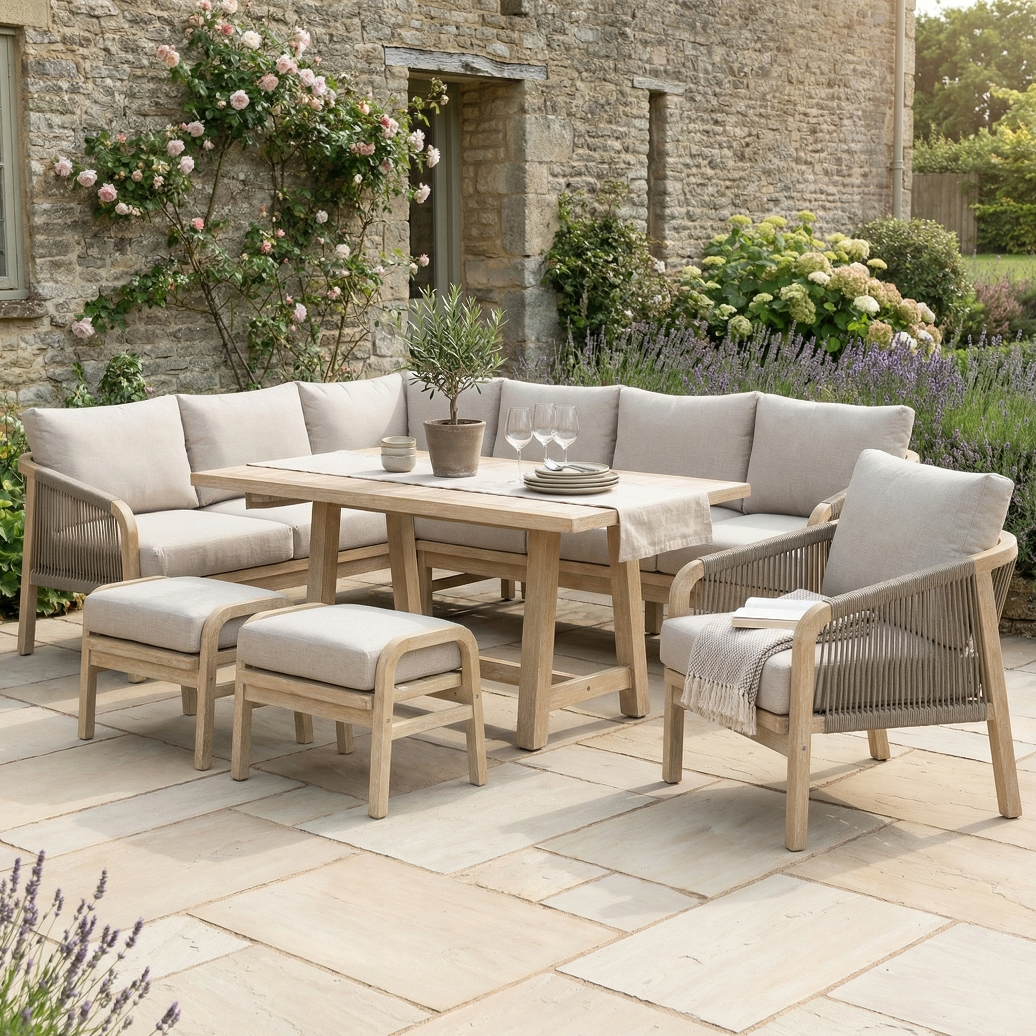 The Quay Corner Dining Set with Armchair in Mocha features water-resistant cushions and a eucalyptus wood table and chairs, perfect for outdoor dining by your stone house and blooming garden.