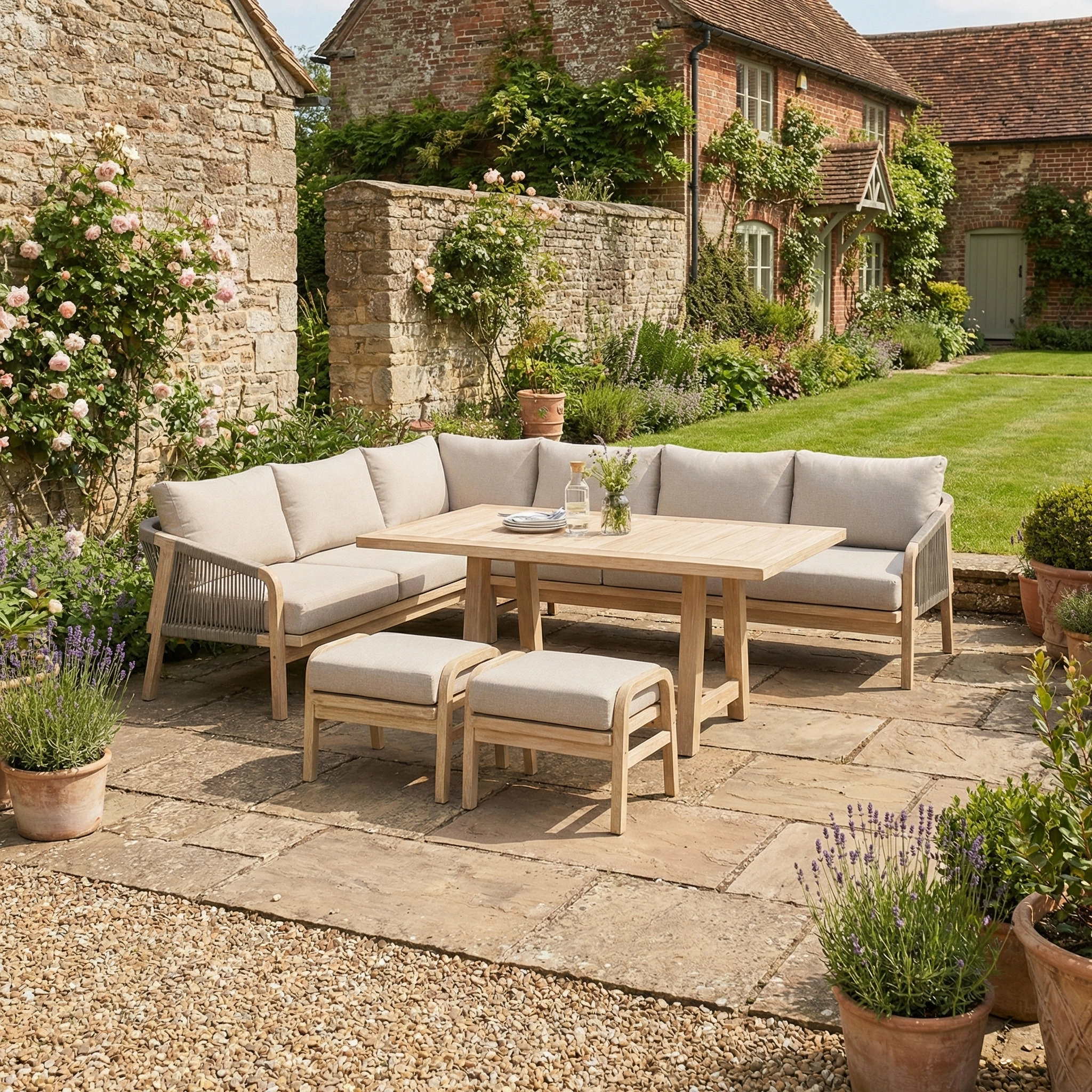 The Quay Corner Dining Set in Mocha on a stone terrace with potted plants beside a brick house and garden creates an inviting space for casual dining.