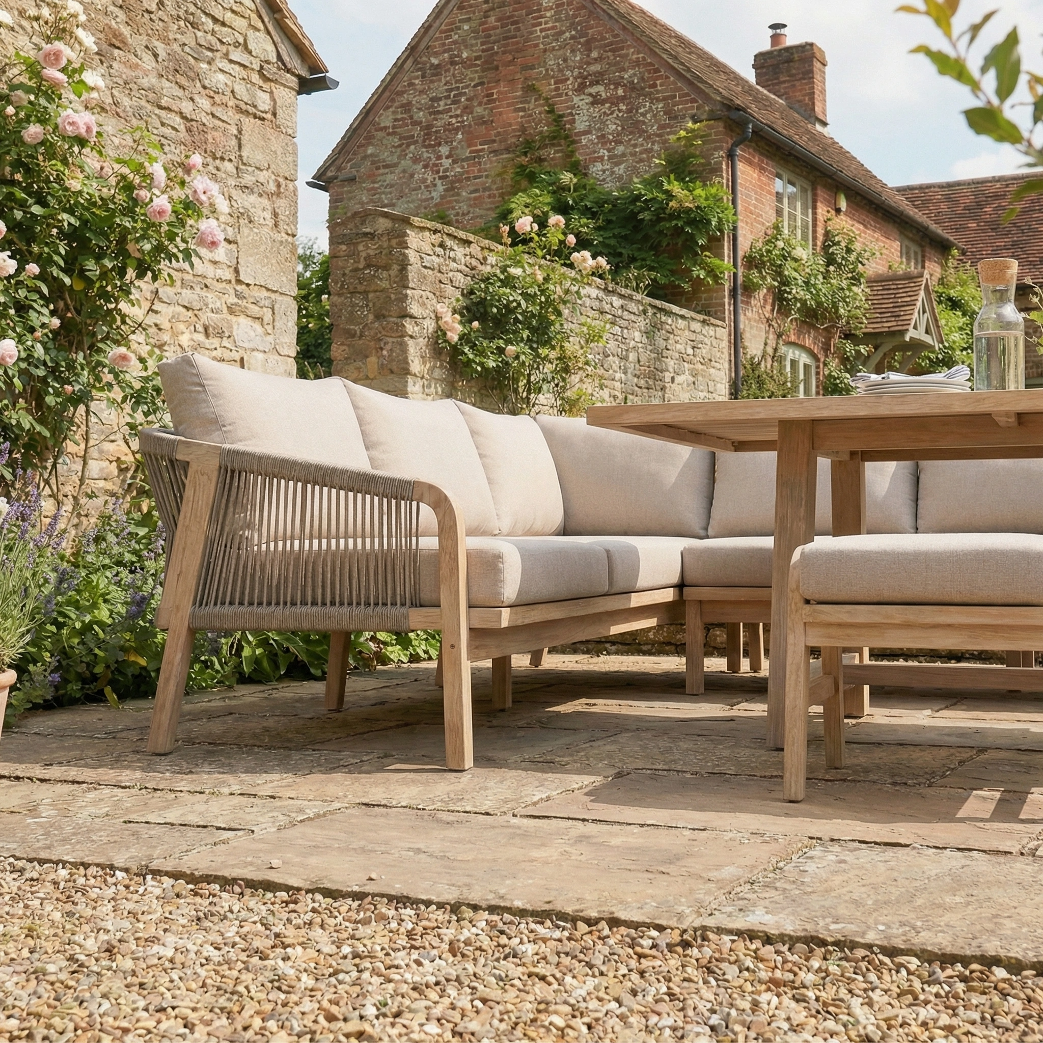 Create a perfect spot for relaxing or entertaining with the Quay Corner Dining Set in Mocha, featuring wooden furniture and beige cushions beside your brick house and blooming garden.
