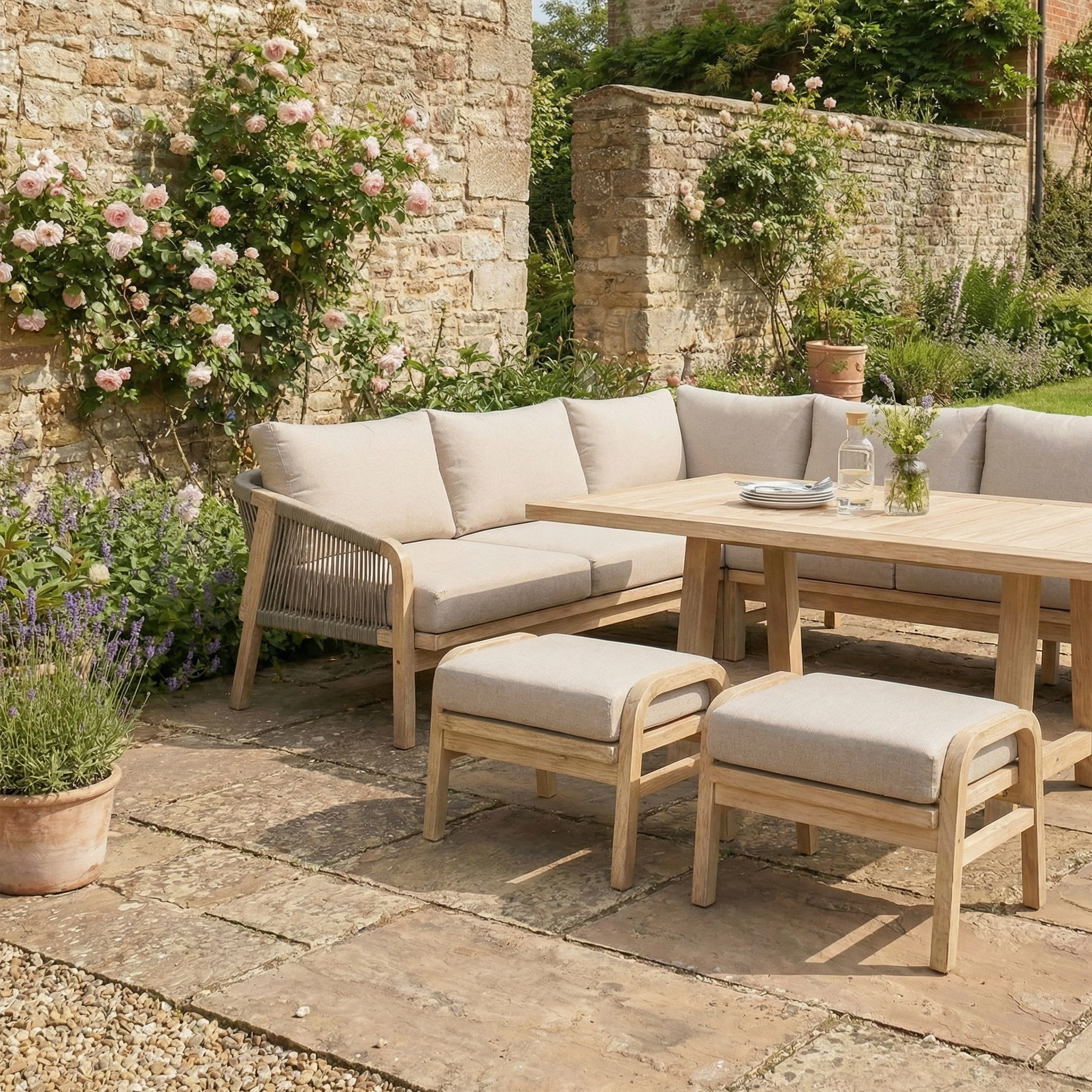 The Quay Corner Dining Set in Mocha on stone tiles, surrounded by a blooming garden and stone walls—ideal for casual dining and relaxed gatherings.