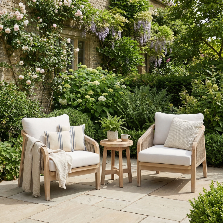 The Quay Lounge Set in Linen, featuring two rope weave back chairs and a side table, creates a cozy patio oasis amid blooming wisteria and roses.