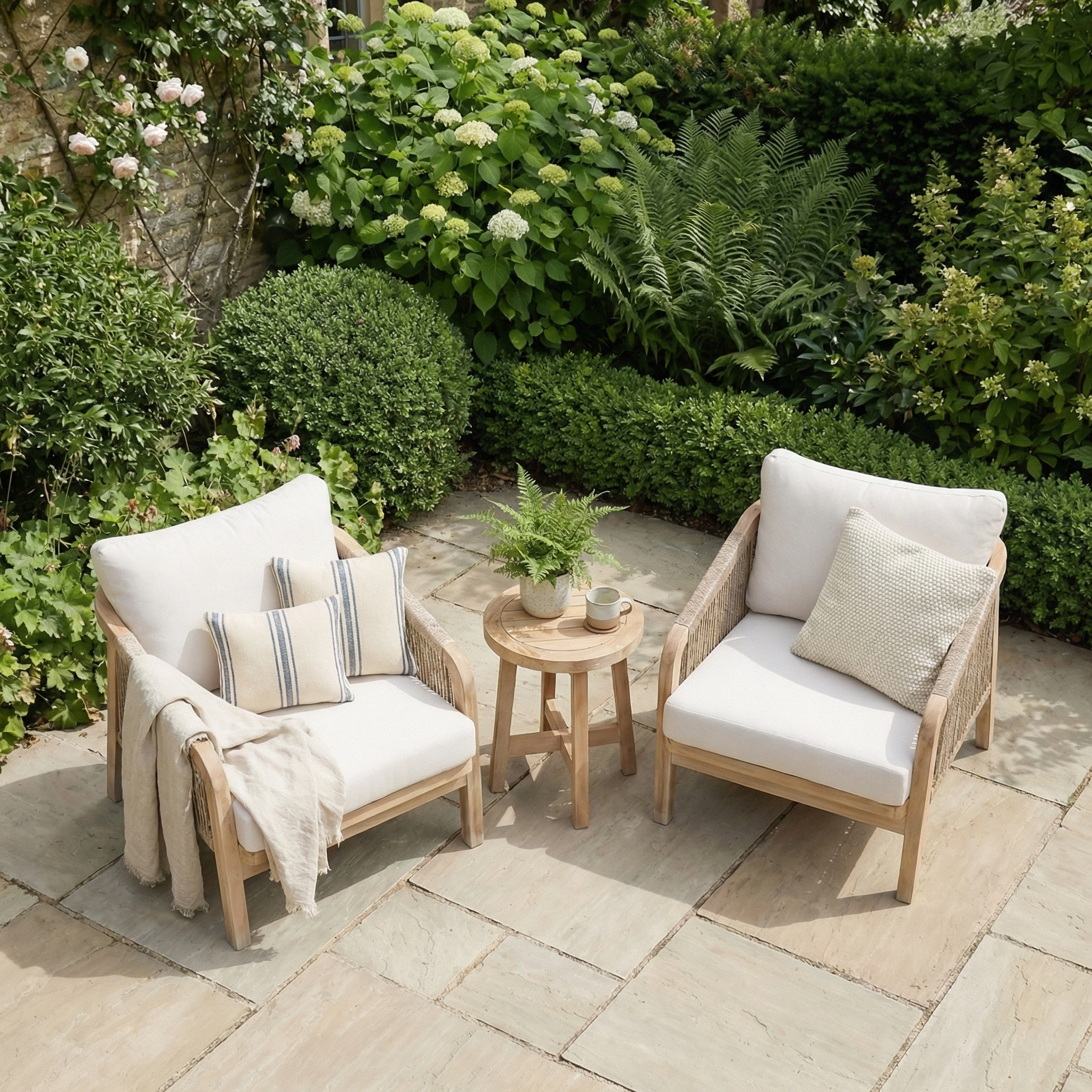 The Quay Lounge Set in Linen, featuring two cushioned chairs with a rope weave back and a small table, creates an inviting outdoor lounging area on a stone patio surrounded by lush greenery.