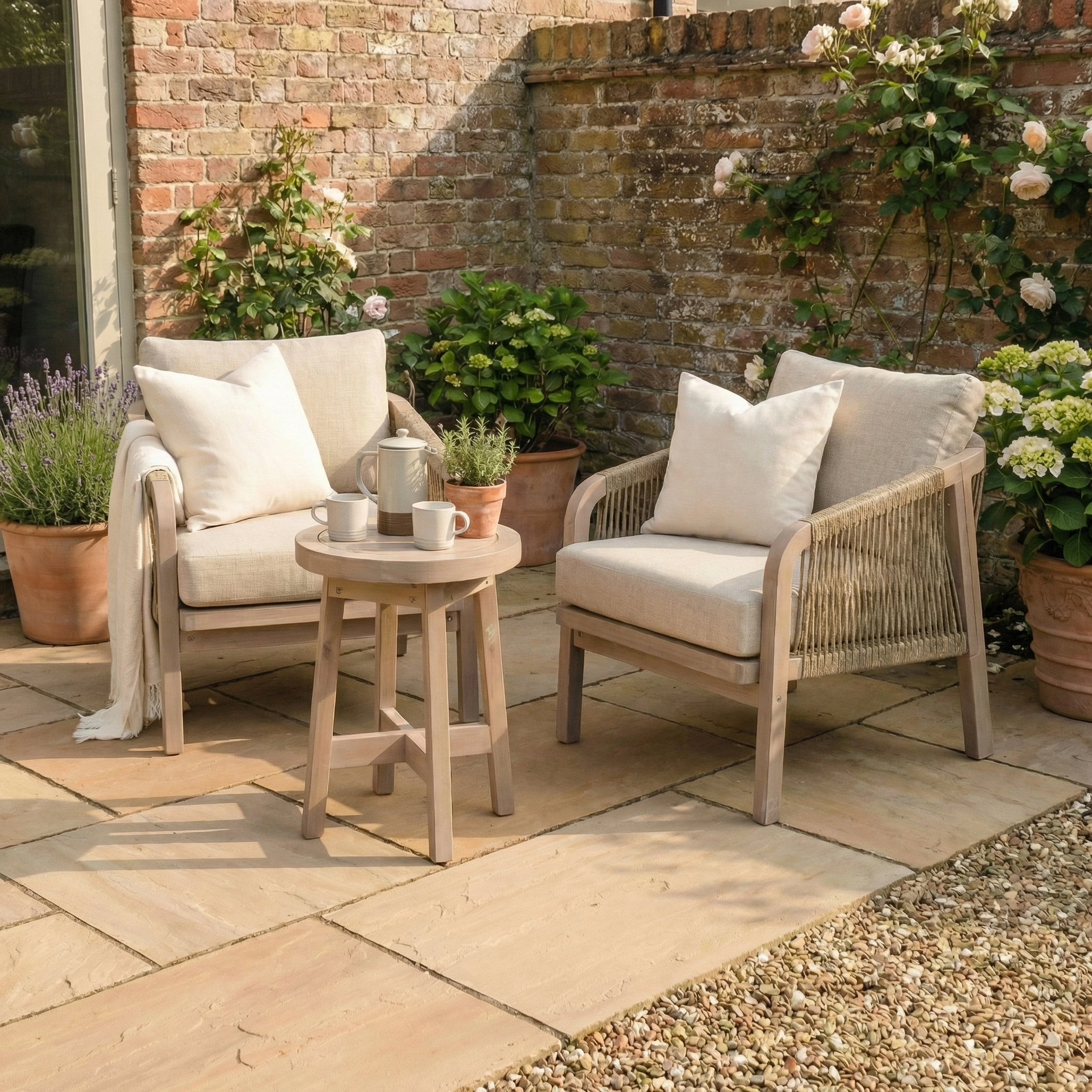 The Quay Lounge Set in Mocha features two cushioned patio chairs and a small round table with cups—an ideal, stylish choice for relaxing in a sunny garden amidst potted plants and flowers.
