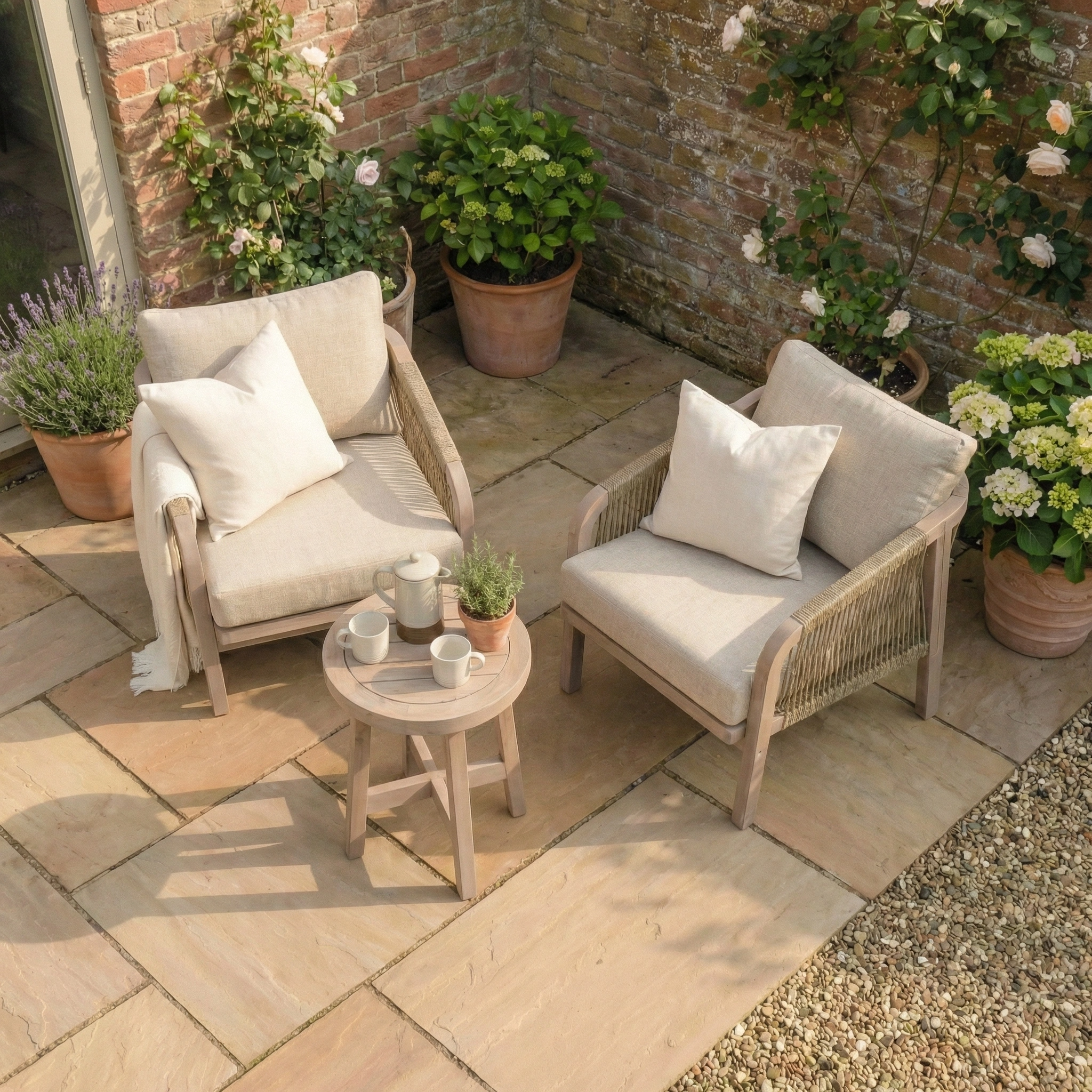 The Quay Lounge Set in Mocha features two cushioned chairs and a small table with cups, creating an elegant outdoor lounge on a stone patio surrounded by potted plants and flowers.