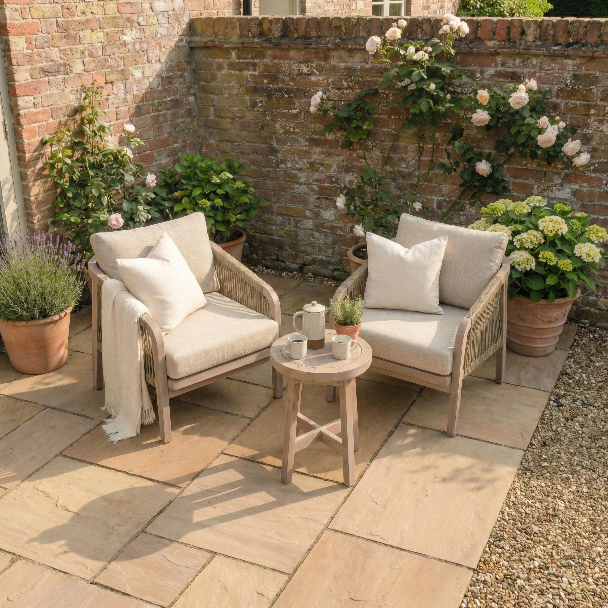 The Quay Lounge Set in Mocha features two cushioned chairs and a small table with a tea set, surrounded by blooming potted plants—an inviting choice for relaxing garden furniture.