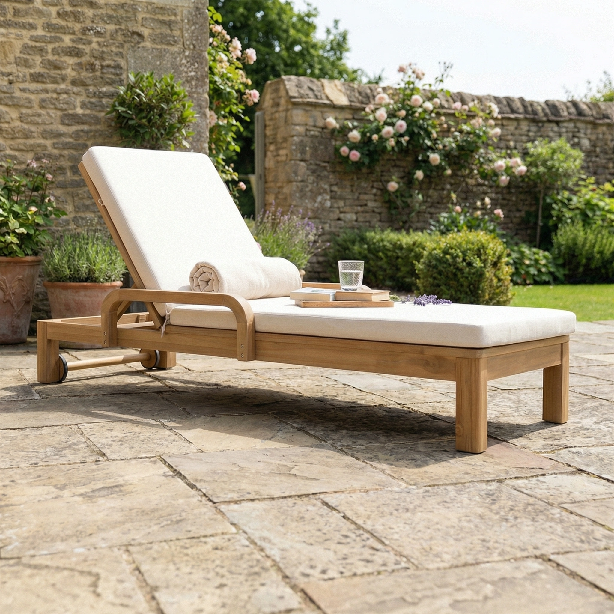 The Quay Sun Lounger in Linen, with white cushions and a towel, sits on a stone patio amid flowers—an inviting addition to any garden retreat.