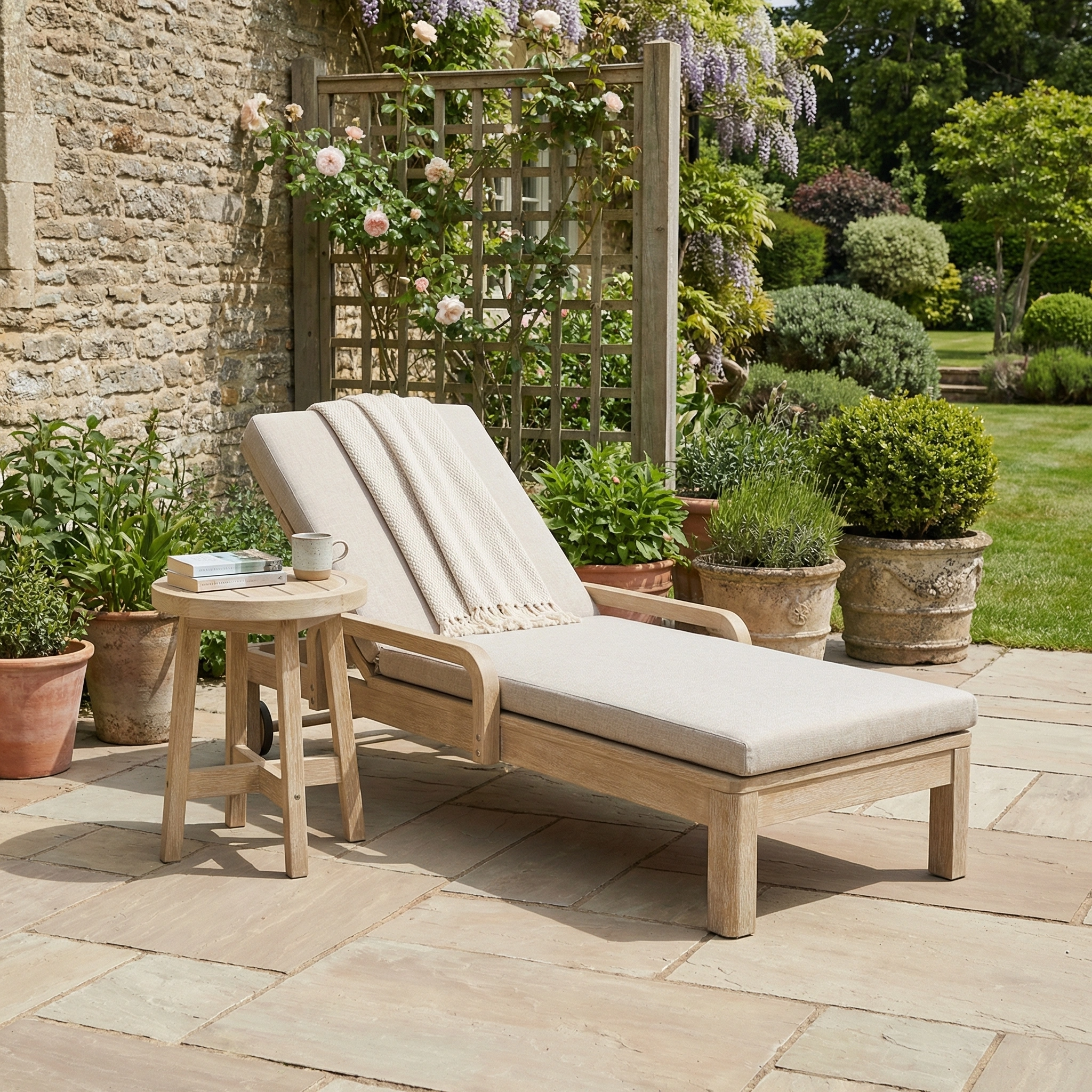 The Quay Sun Lounger in Mocha, paired with a table holding books and a mug on a sunny stone patio surrounded by lush plants, is perfect garden furniture for relaxing outdoors.