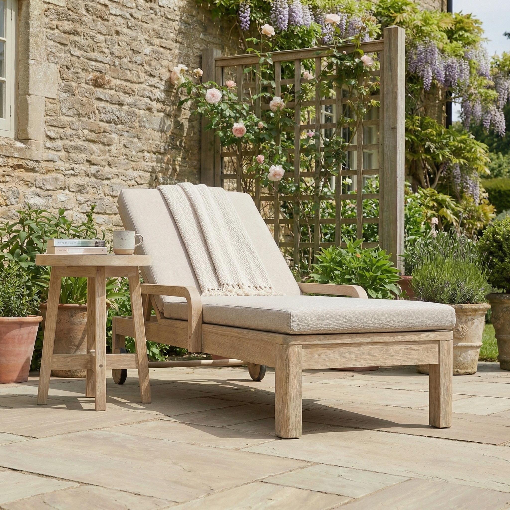 Unwind on the Quay Sun Lounger in Mocha, complete with cushion and blanket, set on a patio by a stone house. A nearby side table holds your mug and book, creating a serene outdoor retreat.