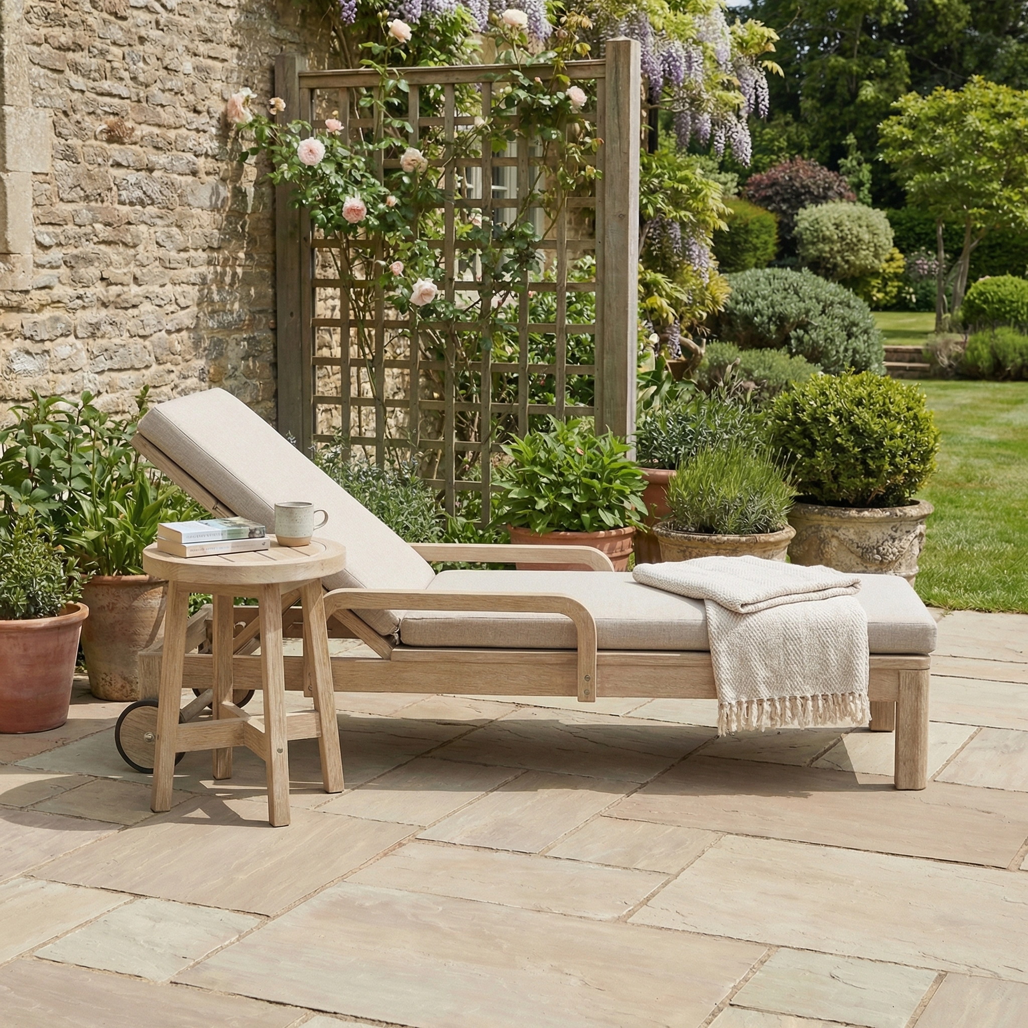 A sunlit patio showcases the Quay Sun Lounger in Mocha beside a small table with books and a mug, all set amid lush greenery—a stylish choice of garden furniture for outdoor relaxation.