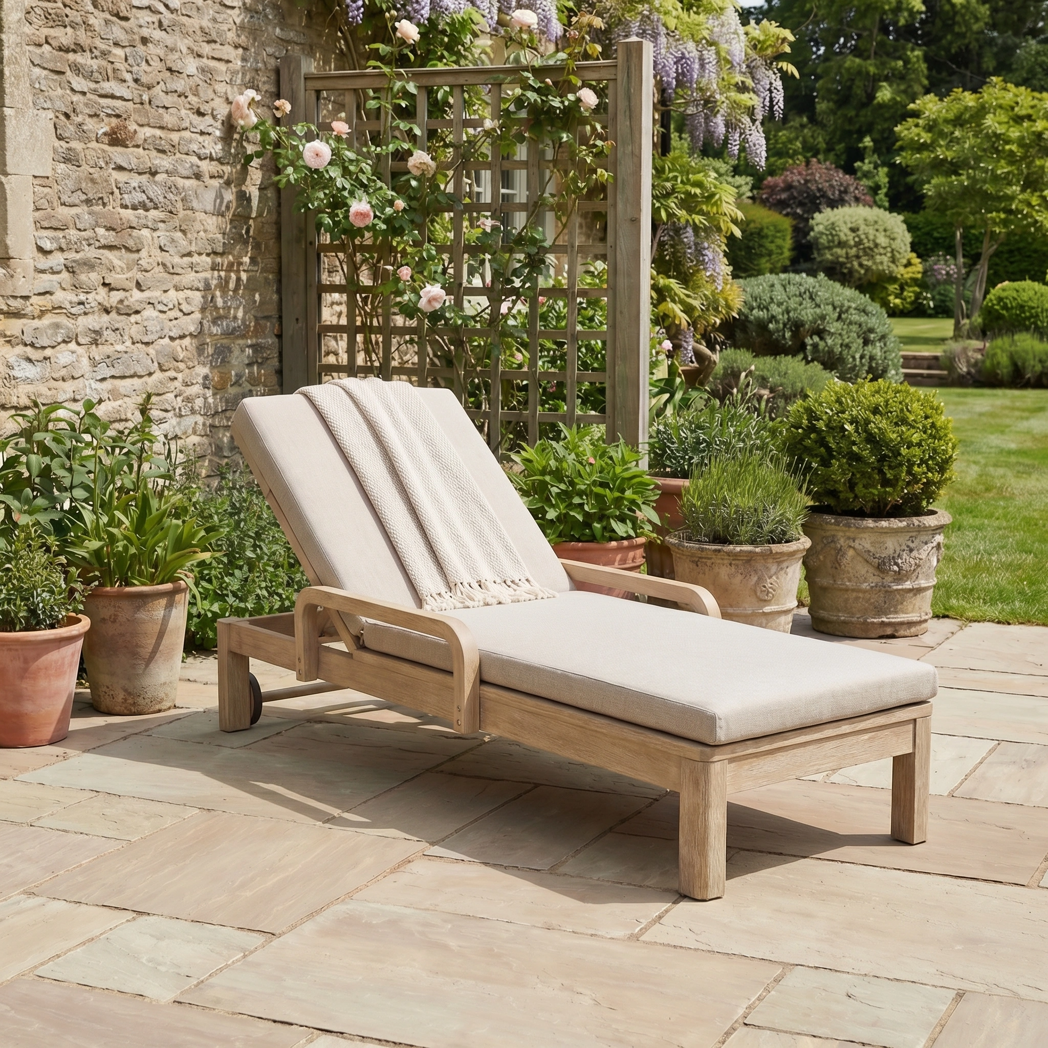 The Quay Sun Lounger in Mocha, with a cushion and blanket, sits on a stone patio surrounded by lush potted plants—ideal relaxing garden furniture.