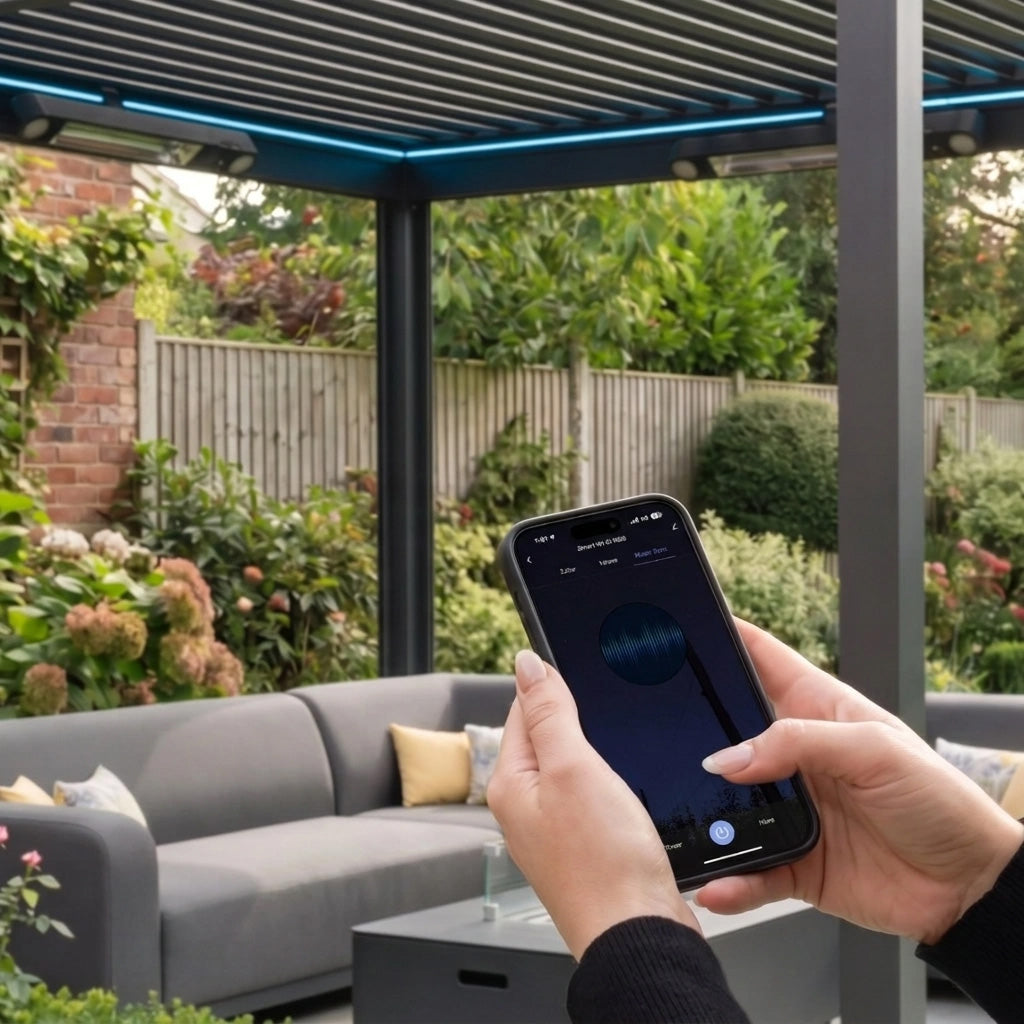 A person uses a smartphone app to manage pergola LED lighting with the PergoSTET RGB Controller.