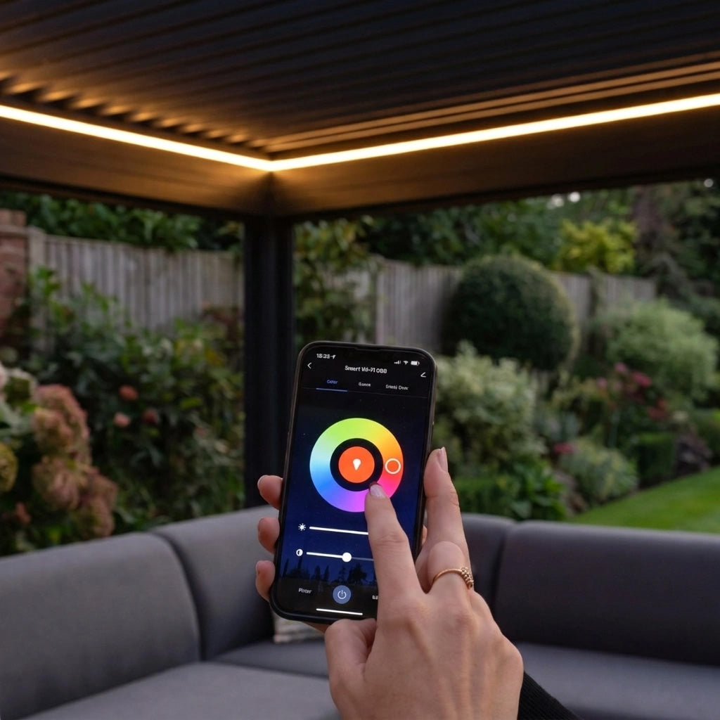 A hand uses the PergoSTET RGB Controller with Remote for PergoSTET Plus app to adjust pergola LED lighting via a wheel.