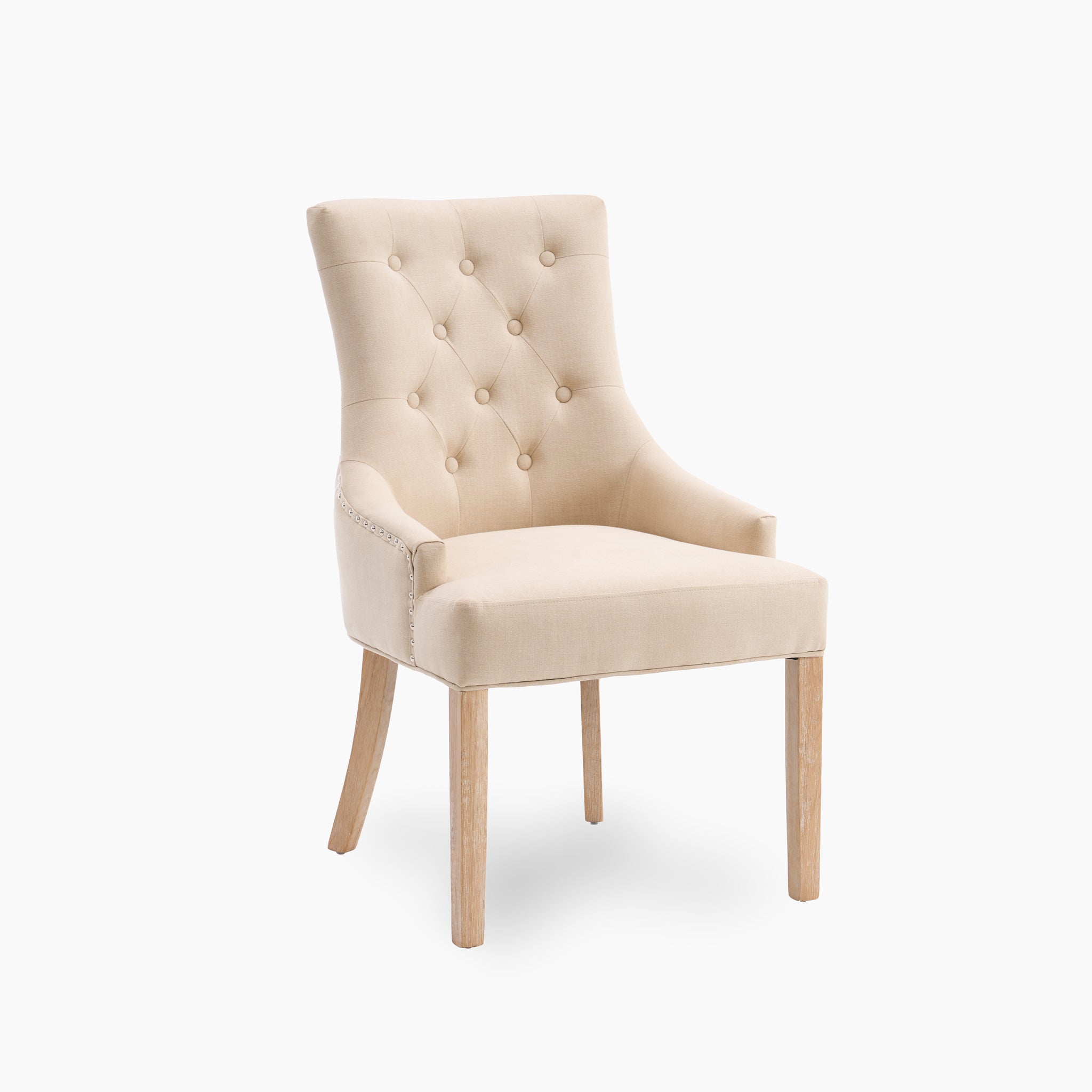 The Burford 8 Seat Extending Dining Set features Regent Chairs upholstered in beige with tufted backrests and light wooden legs, perfectly matching the natural oak table. Shown on a white background.