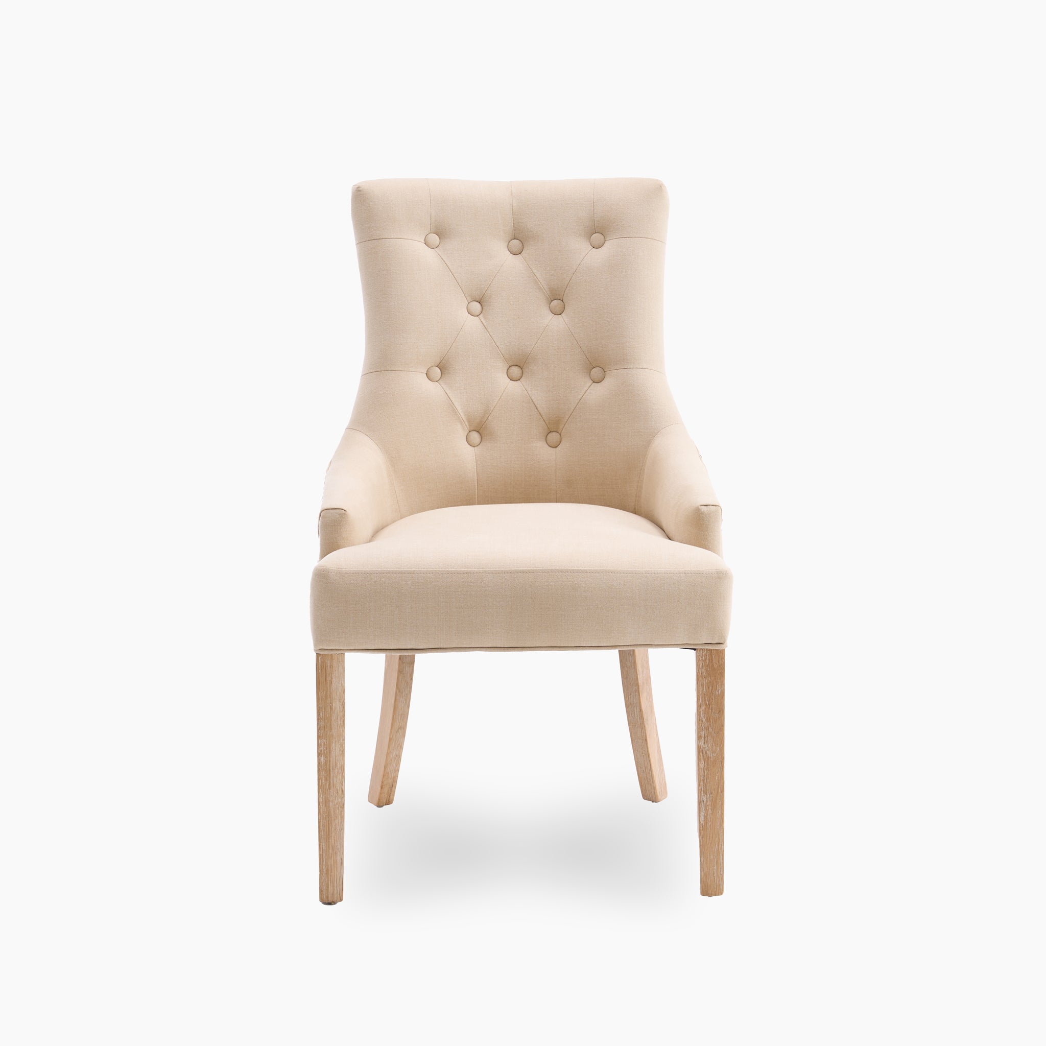 The Burford 8 Seat Extending Dining Set with Regent Chairs in Natural Oak and Beige features upholstered chairs with tufted backrests and wooden legs, perfect as accent pieces. Shown against a plain white background.