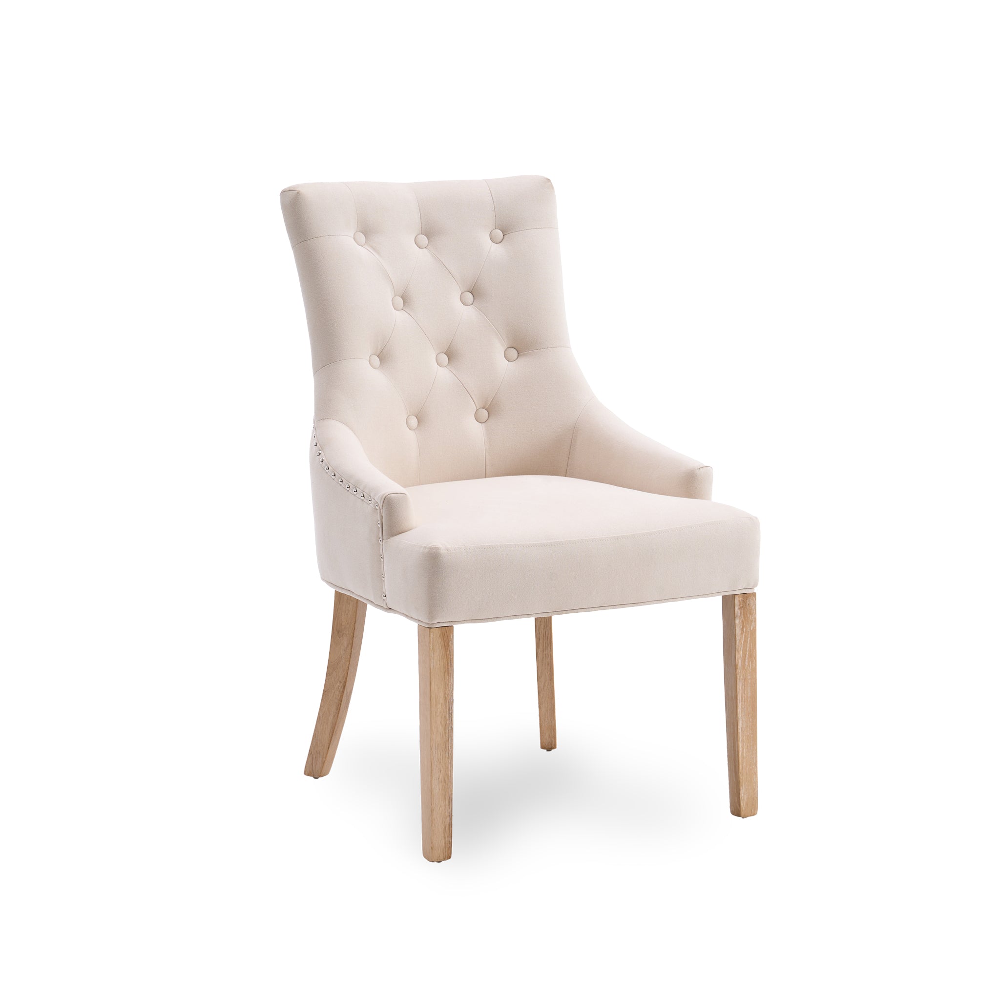 The Burford 8 Seat Extending Dining Set features Regent Chairs in cream-colored upholstery with tufted backrests and wooden legs, perfectly paired with a natural oak table, shown on a white background.