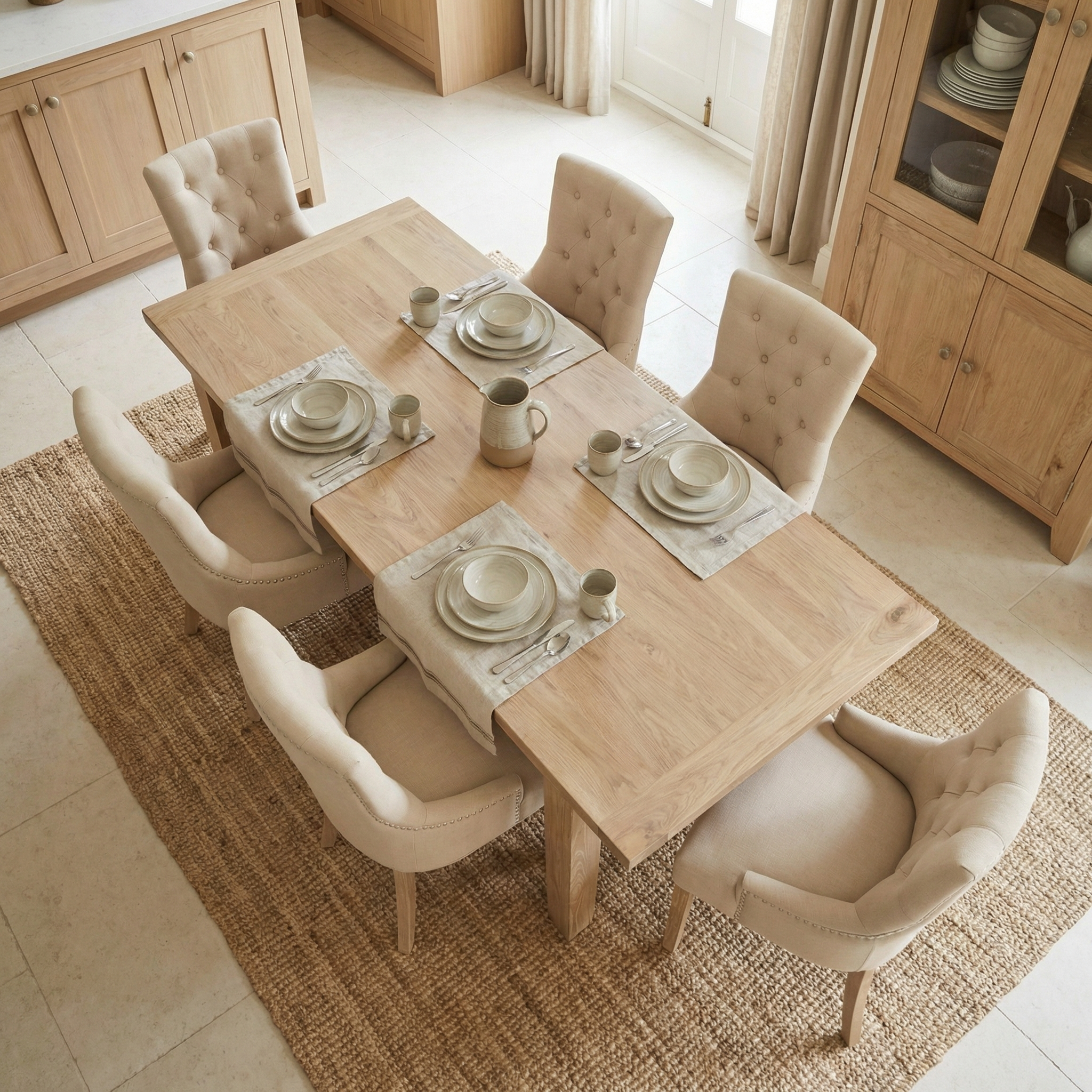 The Burford 8 Seat Extending Dining Set with Regent Chairs in Natural Oak and Ivory offers a stylish, versatile dining solution. The extendable table and elegant chairs combine natural oak beauty with practical functionality for any room.