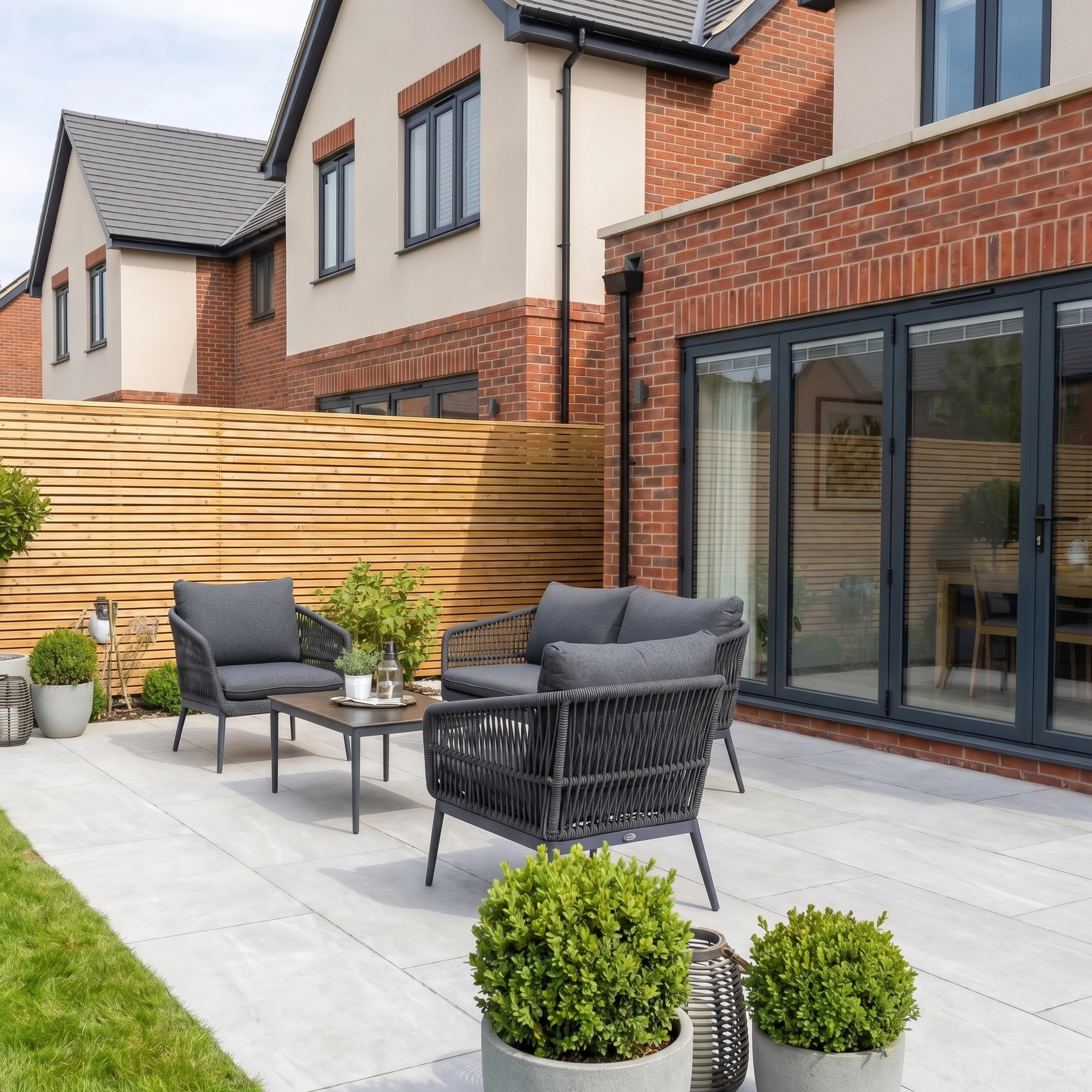 Modern patio featuring the Rhea 2 Seat Sofa Set in Grey garden furniture, stylish outdoor seating and table, potted plants, and a wooden privacy fence beside a brick house.