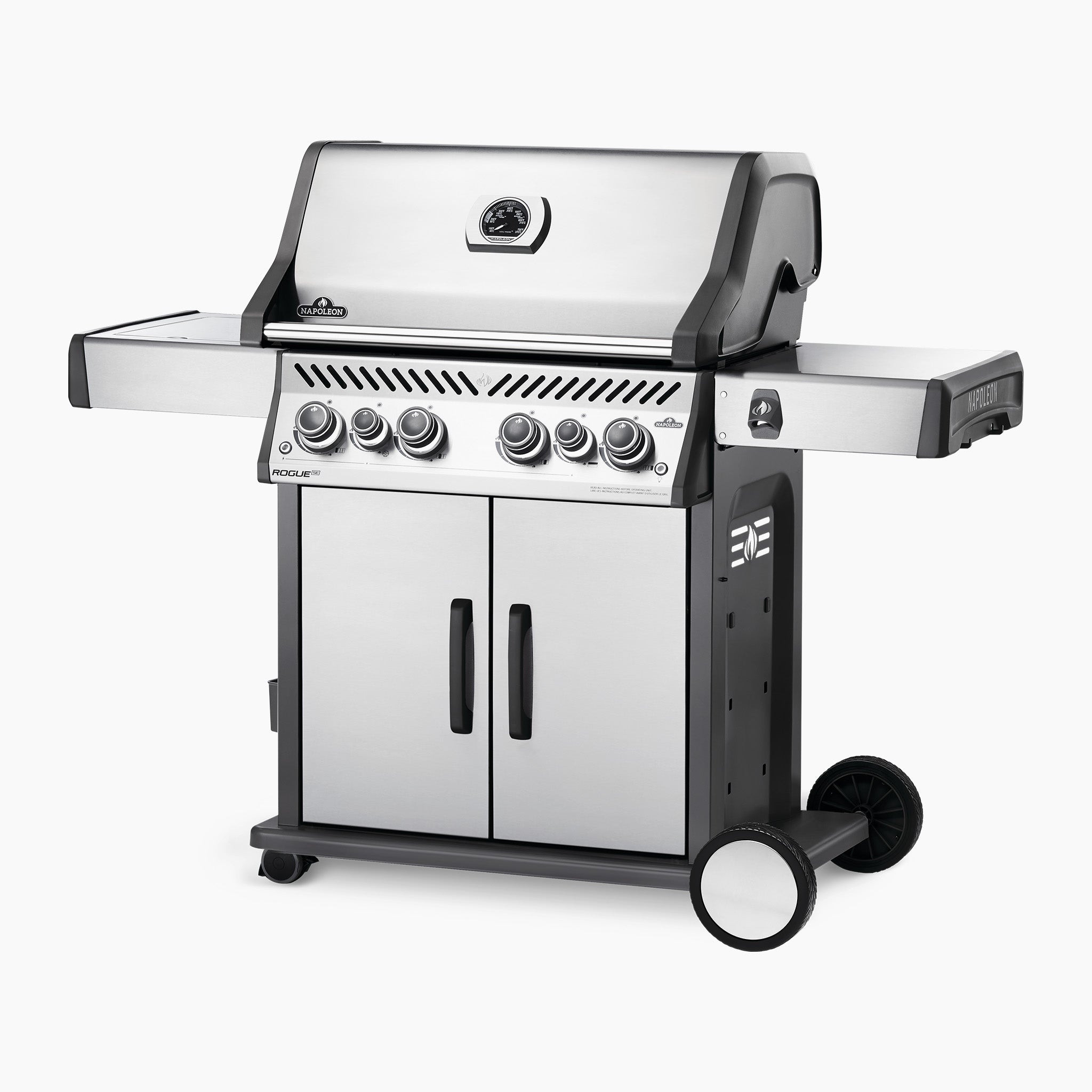 The Napoleon Rogue SE 525 RSIB Gas Barbecue boasts stainless steel construction, side shelves, control knobs, and a storage cabinet on wheels for easy mobility. Additionally, it features an infrared side burner for versatile cooking options.