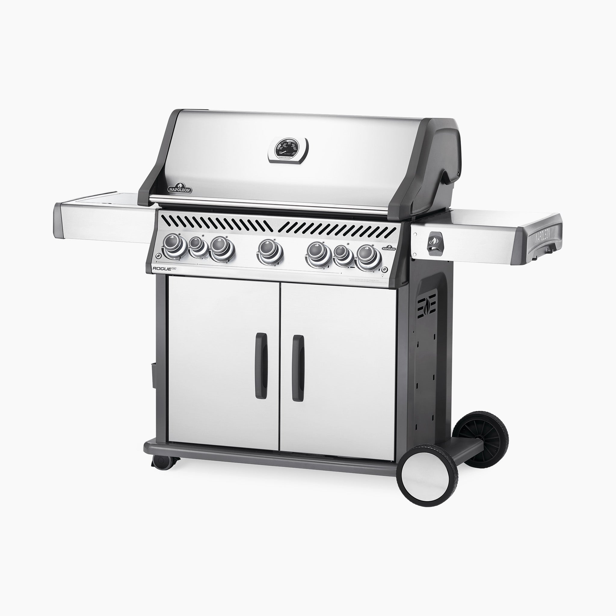 The Napoleon Rogue SE 625 RSIB Gas Barbecue in silver comes equipped with multiple control knobs, side tables, a storage cabinet on wheels, and an innovative infrared side burner.