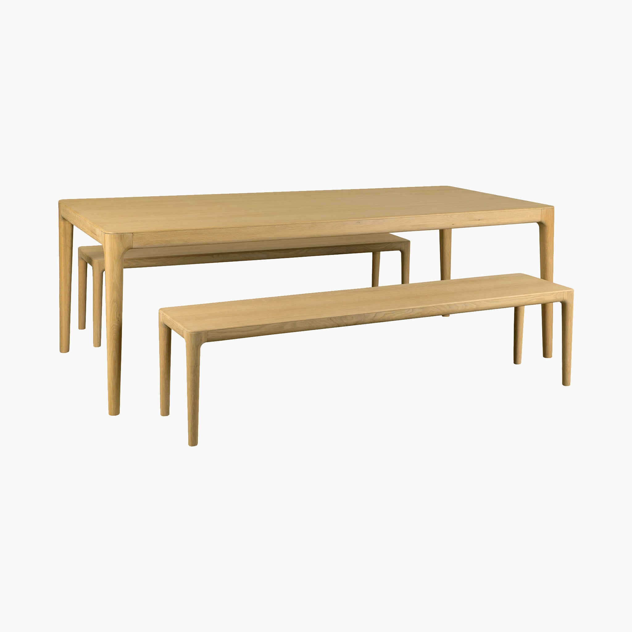 The Marlow 8 Seat Dining Set with Wooden Benches in Light Oak features a rectangular table and two matching benches, all shown on a white background.